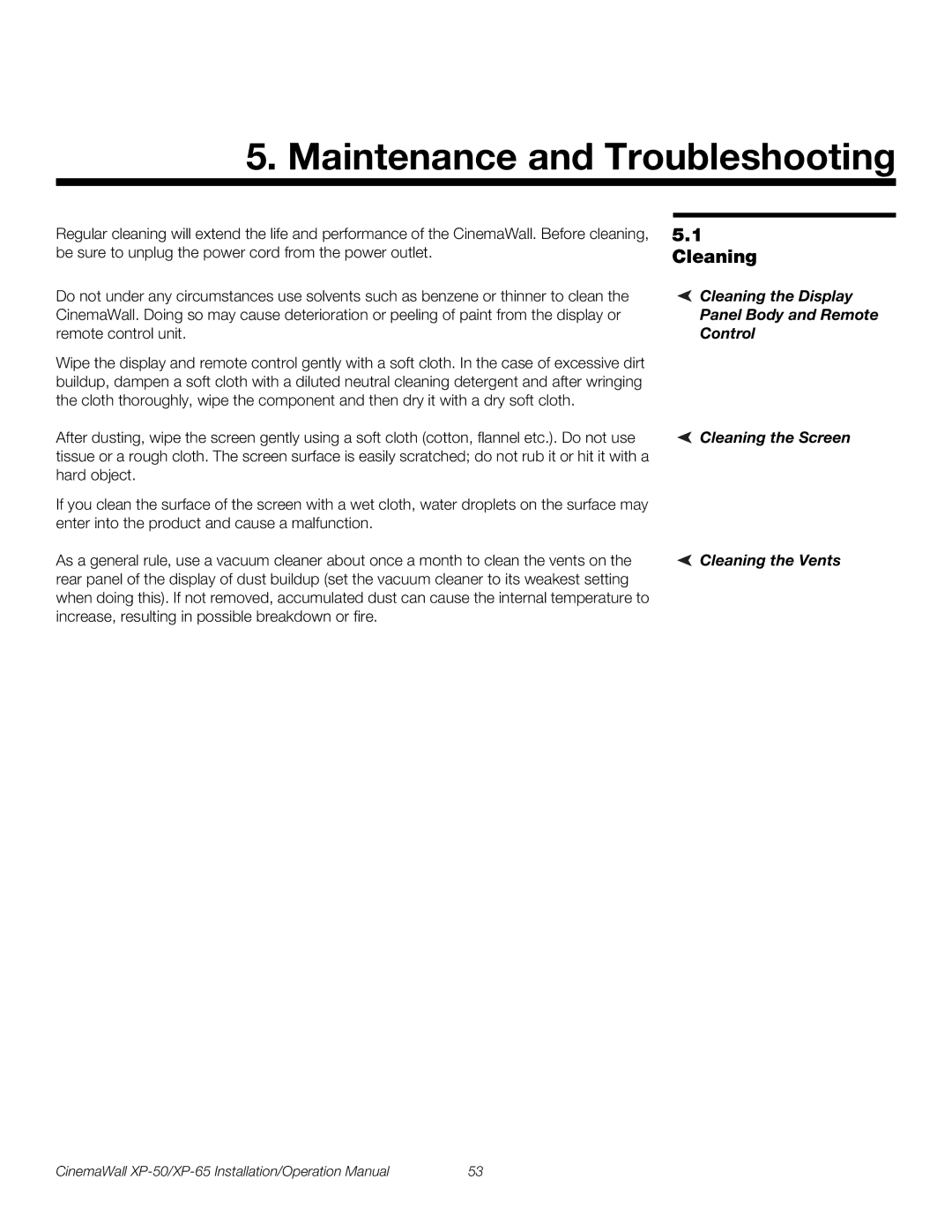 Runco XP-50 Maintenance and Troubleshooting, Cleaning the Display Panel Body and Remote Control, Cleaning the Screen 