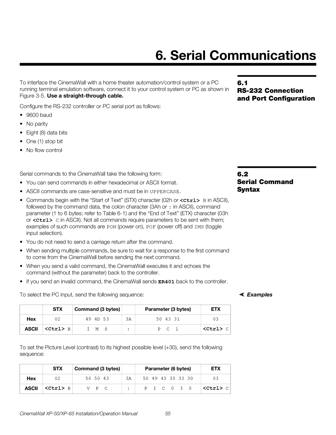 Runco XP-50 Serial Communications, Examples, Command 3 bytes Parameter 3 bytes, Hex, Command 3 bytes Parameter 6 bytes 