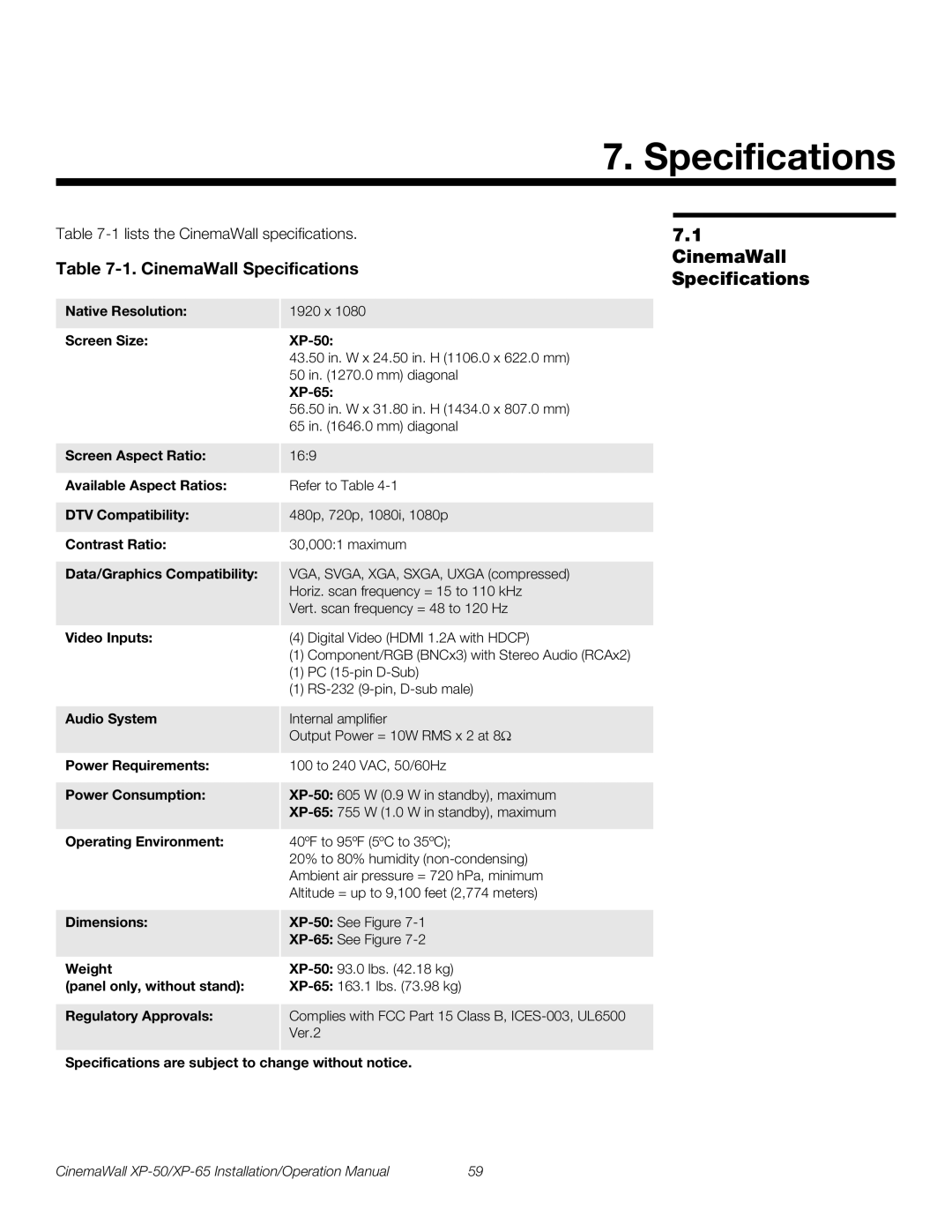 Runco XP-50, XP-65 operation manual CinemaWall Specifications 