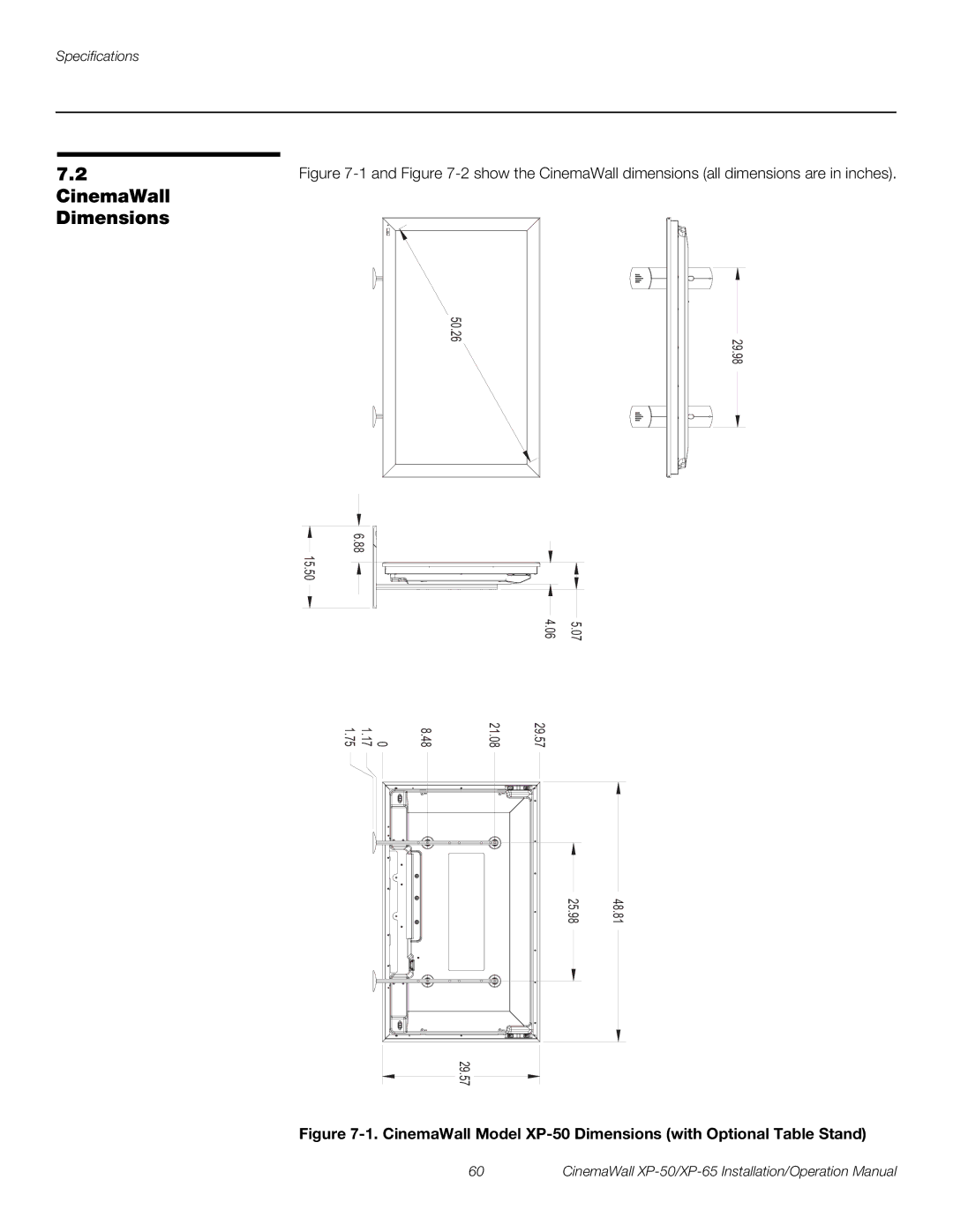 Runco XP-65 operation manual CinemaWall Dimensions, CinemaWall Model XP-50 Dimensions with Optional Table Stand 