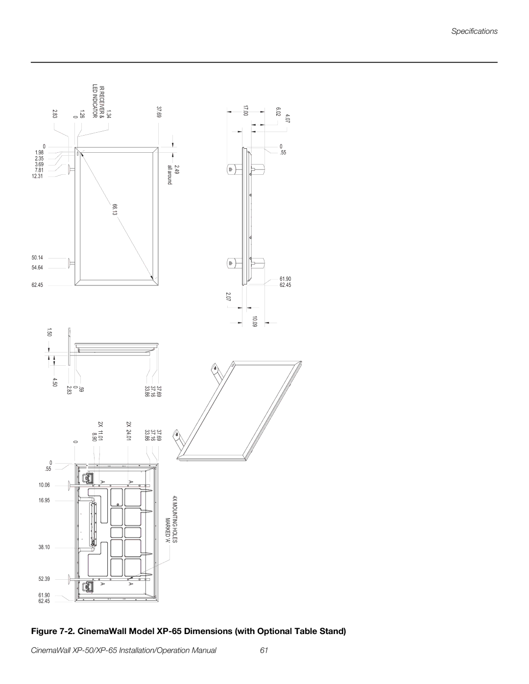 Runco XP-50 operation manual CinemaWall Model XP-65 Dimensions with Optional Table Stand 