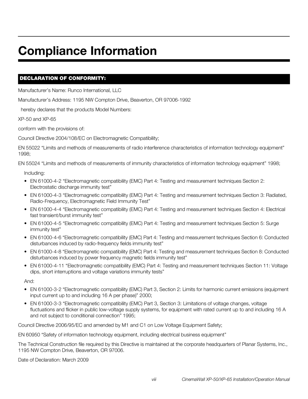 Runco XP-65, XP-50 operation manual Compliance Information, Declaration of Conformity 