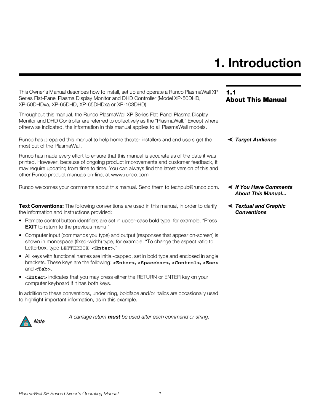 Runco XP-50DHD, XP-50DHDxa, XP-65DHD, XP-65DHDxa, XP-103DHD manual Introduction, About This Manual 