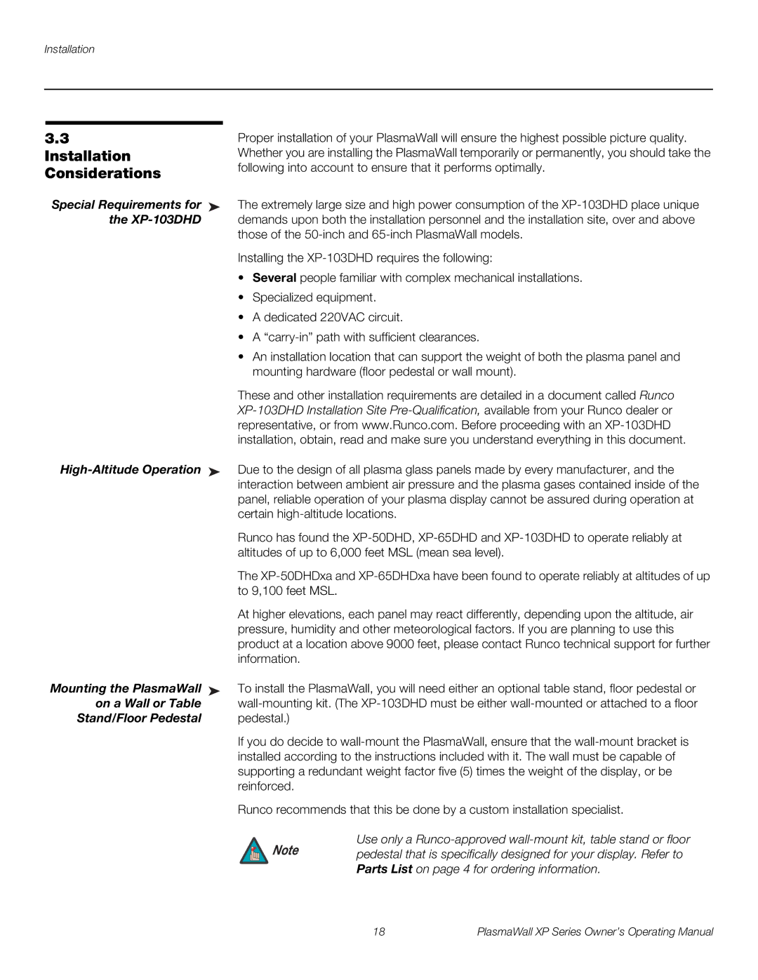 Runco XP-50DHD, XP-50DHDxa, XP-65DHD, XP-65DHDxa, XP-103DHD manual Installation Considerations 