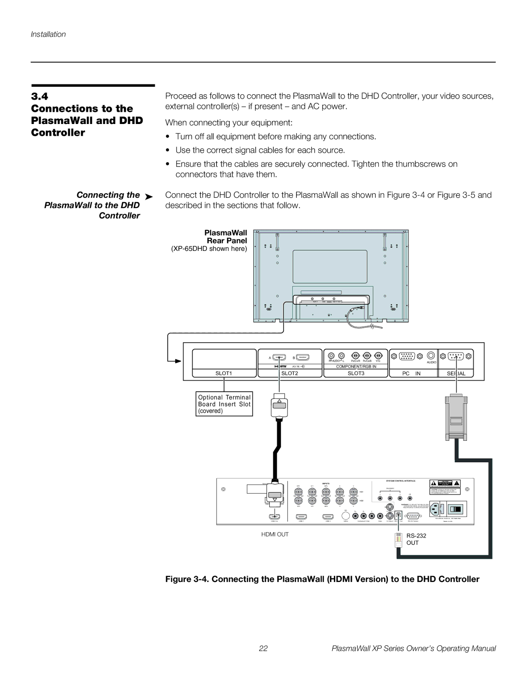 Runco XP-65DHD manual Connections to the PlasmaWall and DHD Controller, Connecting PlasmaWall to the DHD Controller 