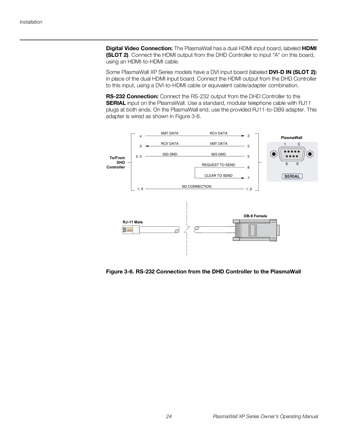 Runco XP-65DHD manual RS-232 Connection from the DHD Controller to the PlasmaWall 