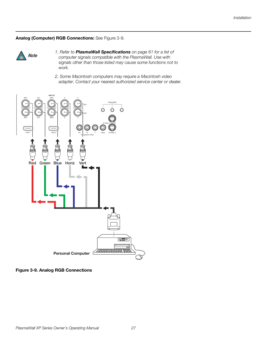 Runco XP-50DHD, XP-50DHDxa, XP-65DHD, XP-65DHDxa, XP-103DHD Analog Computer RGB Connections See Figure, Personal Computer 