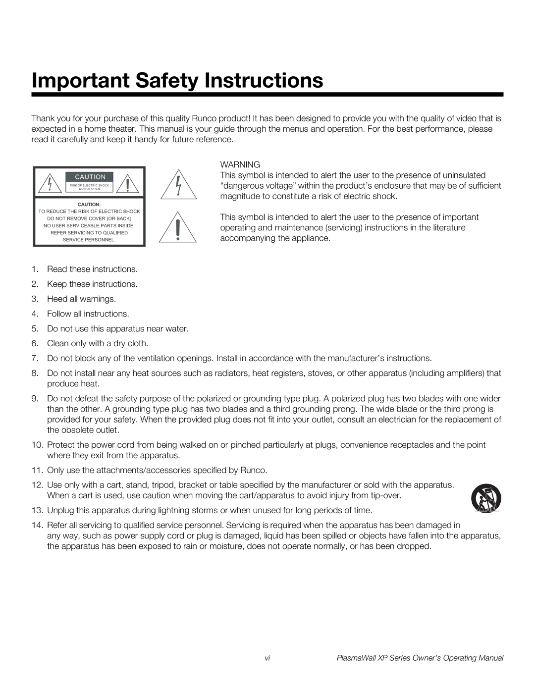 Runco XP-50DHD, XP-50DHDxa, XP-65DHD, XP-65DHDxa, XP-103DHD manual Important Safety Instructions 