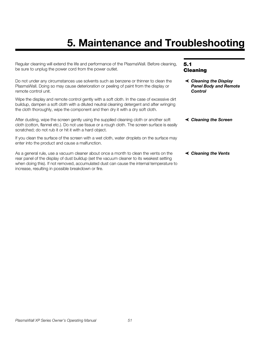 Runco XP-50DHD, XP-50DHDxa, XP-65DHD, XP-65DHDxa, XP-103DHD manual Maintenance and Troubleshooting, Cleaning the Screen 