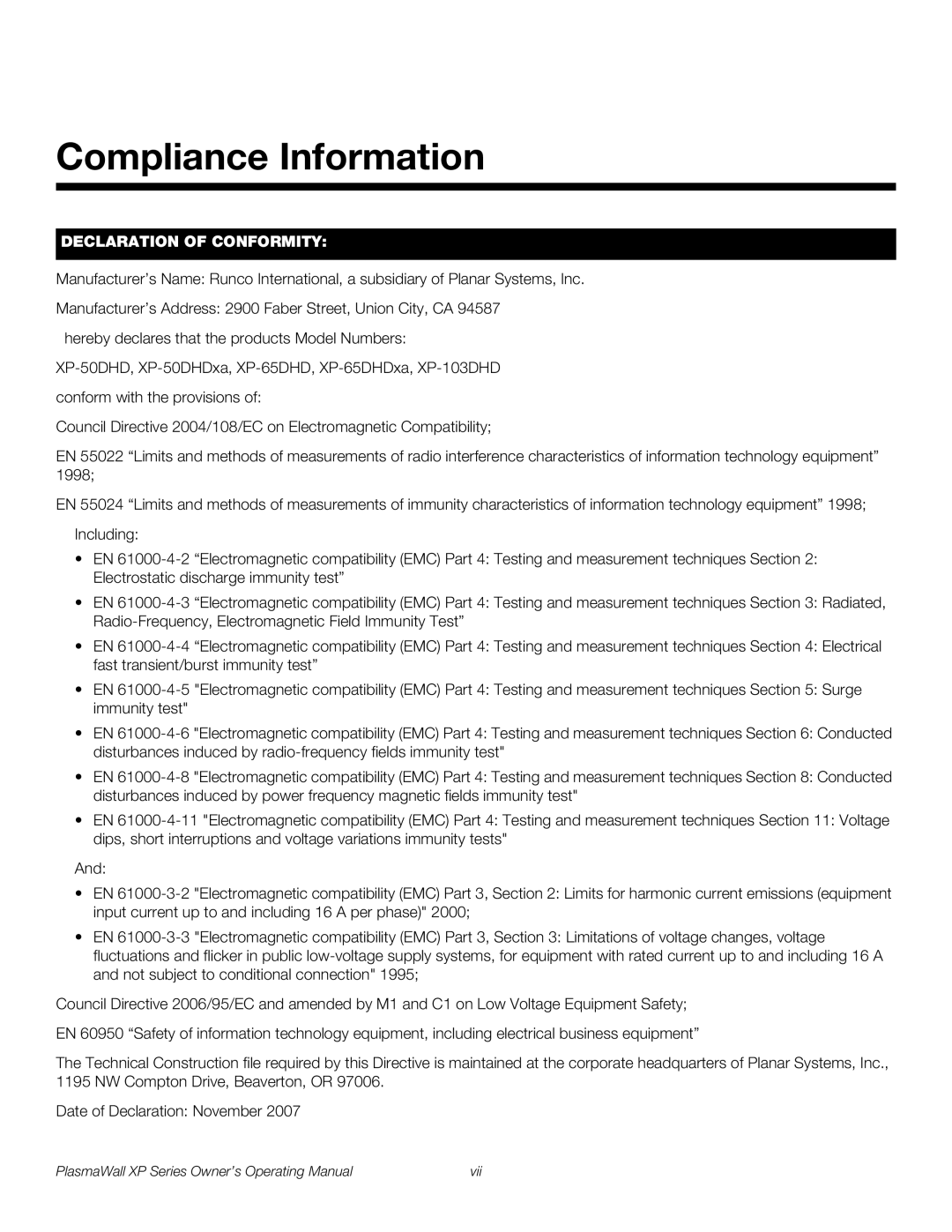 Runco XP-50DHD, XP-50DHDxa, XP-65DHD, XP-65DHDxa, XP-103DHD manual Compliance Information, Declaration of Conformity 