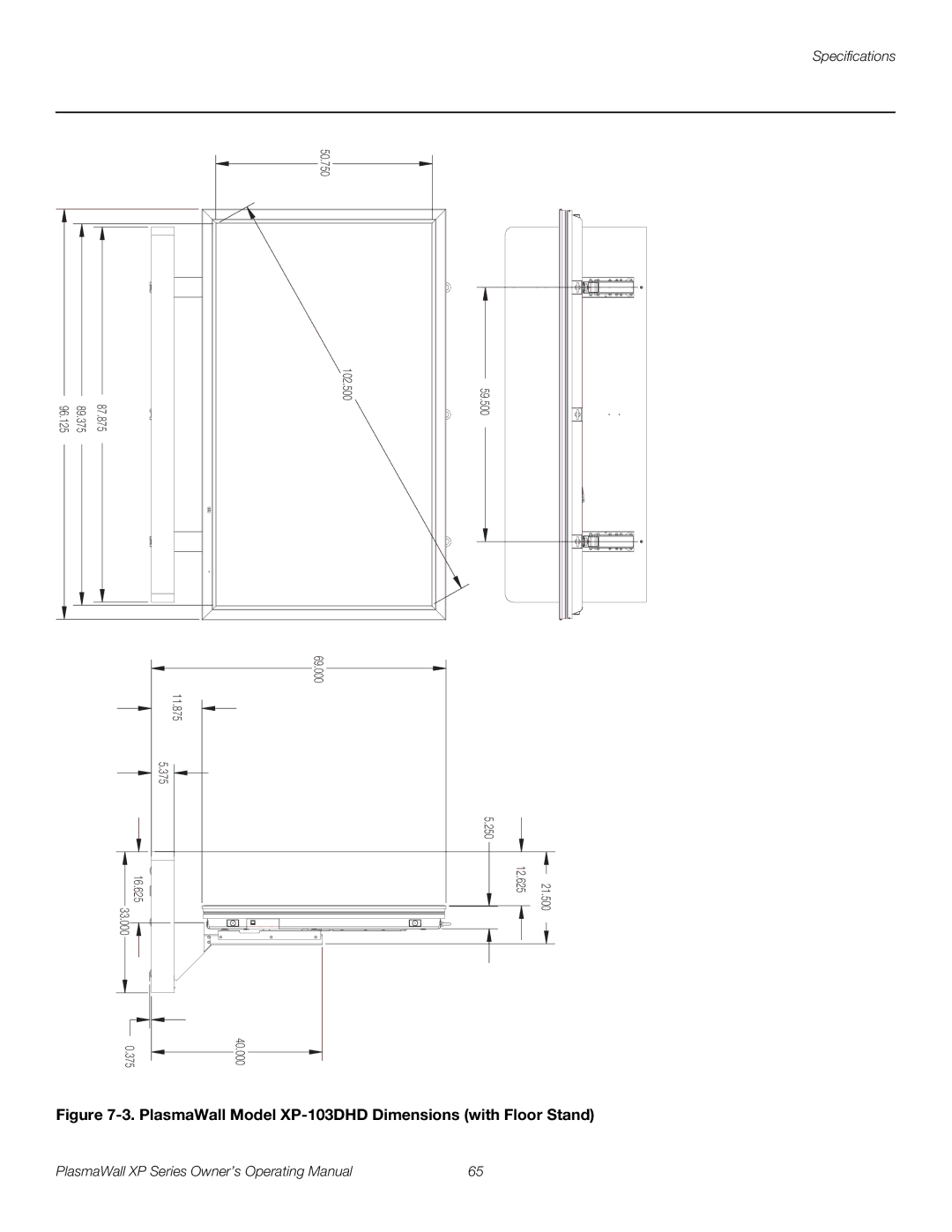 Runco XP-50DHD, XP-50DHDxa, XP-65DHD, XP-65DHDxa, XP-103DHD manual PlasmaWall Model XP-103DHD Dimensions with Floor Stand 