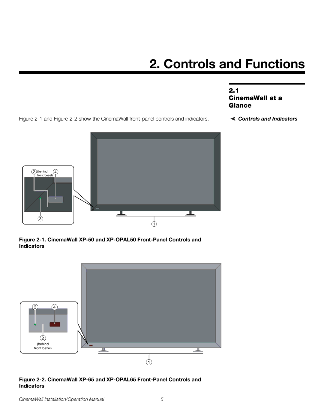 Runco XP-OPAL65, XP-OPAL50 operation manual Controls and Functions, CinemaWall at a Glance, Controls and Indicators 