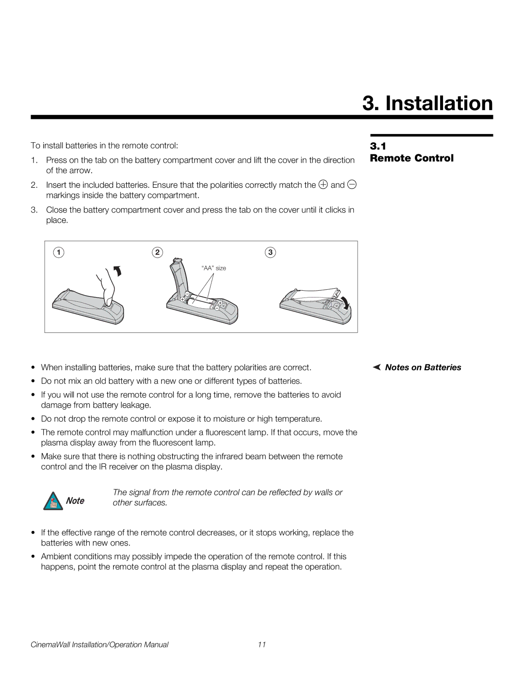 Runco XP-OPAL65, XP-OPAL50 operation manual Installation, Remote Control, Other surfaces 