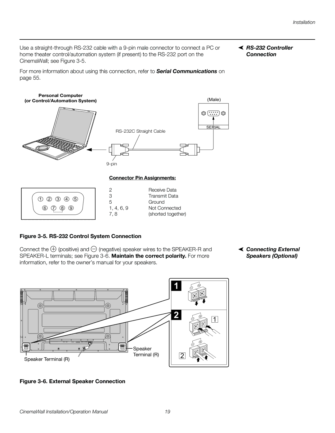 Runco XP-OPAL65, XP-OPAL50 RS-232 Controller, Connection, Connecting External Speakers Optional, Connector Pin Assignments 