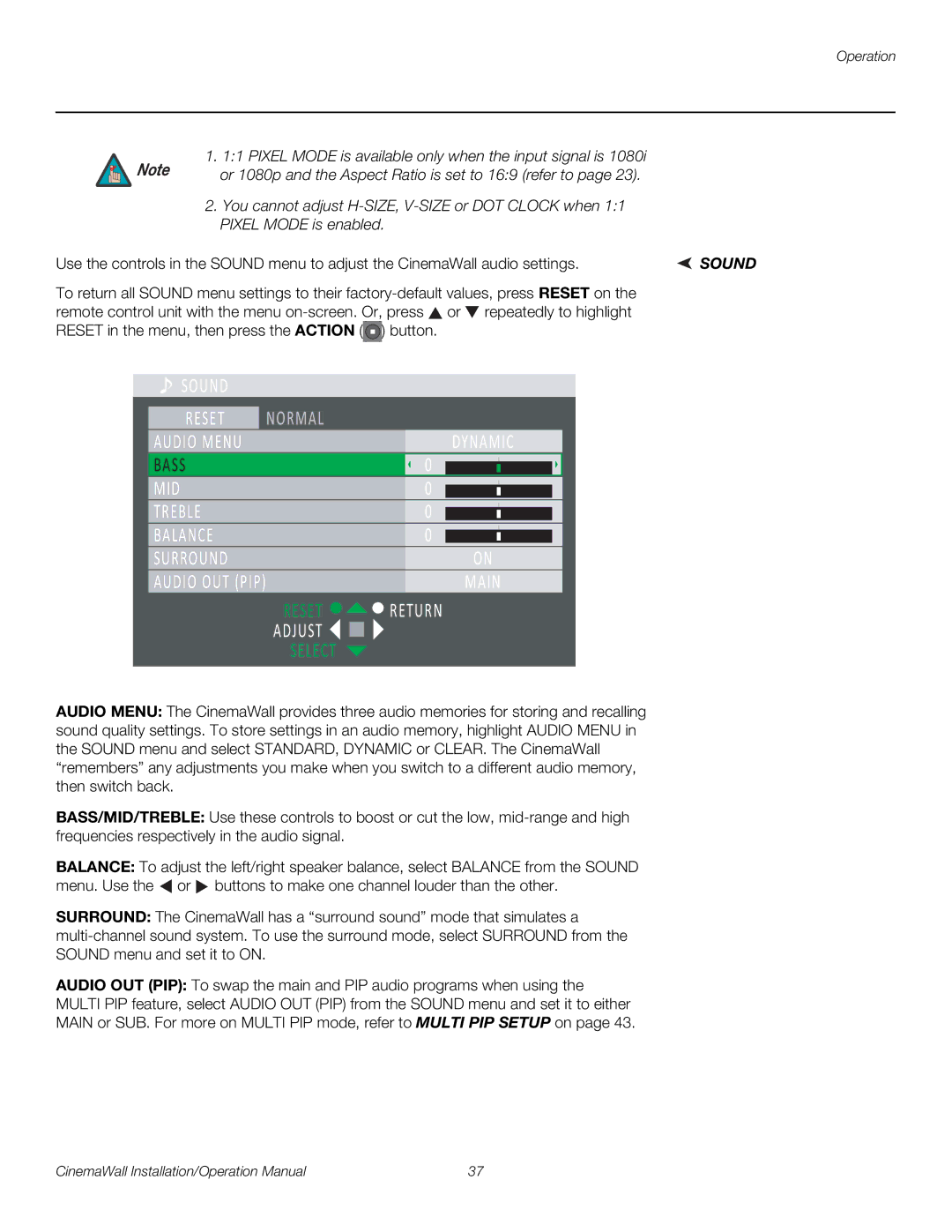 Runco XP-OPAL65, XP-OPAL50 operation manual Or 1080p and the Aspect Ratio is set to 169 refer to, Sound 