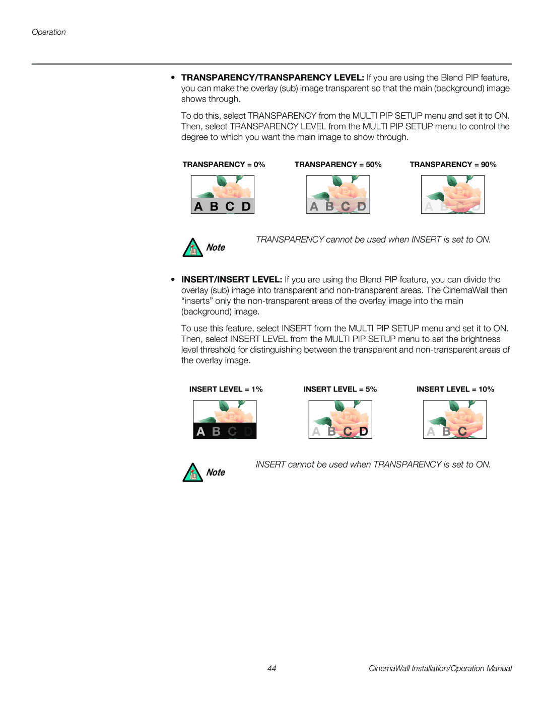 Runco XP-OPAL50 Transparency cannot be used when Insert is set to on, Insert cannot be used when Transparency is set to on 