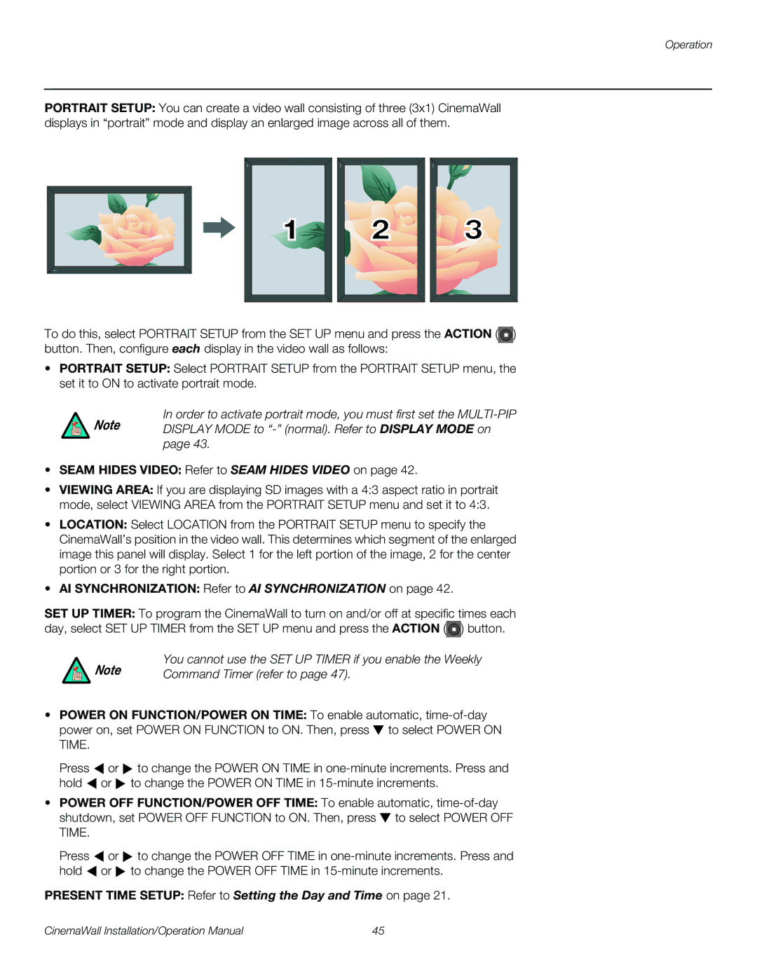 Runco XP-OPAL65, XP-OPAL50 operation manual Command Timer refer to, Present Time Setup Refer to Setting the Day and Time on 