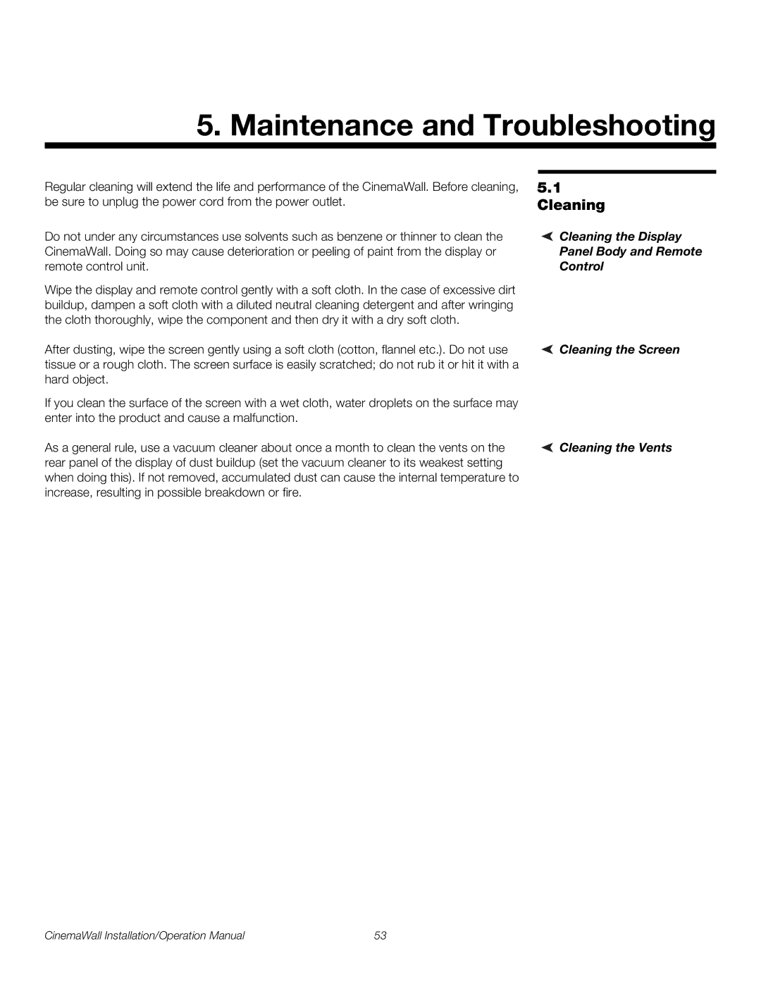 Runco XP-OPAL65, XP-OPAL50 Maintenance and Troubleshooting, Cleaning the Display Panel Body and Remote Control 