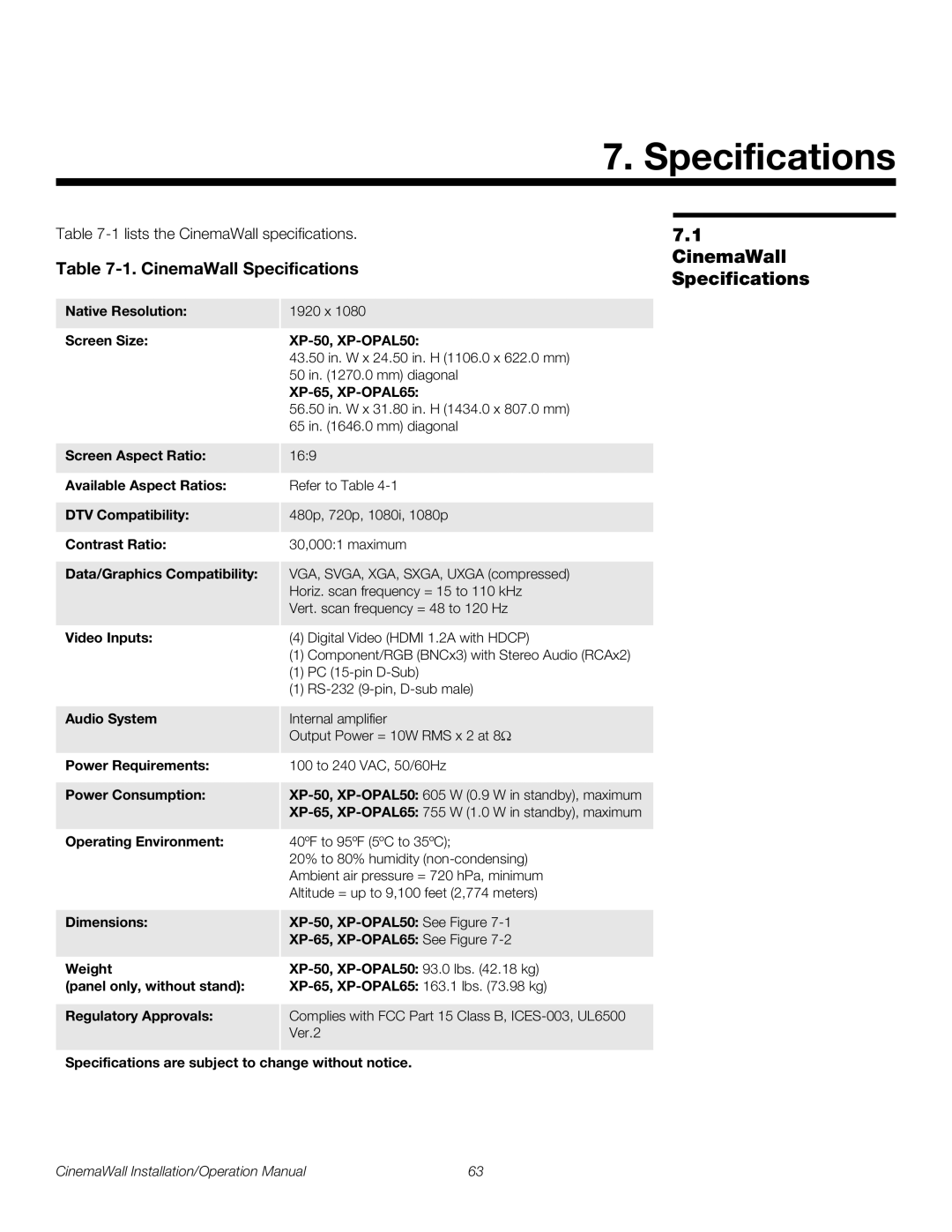 Runco XP-OPAL65, XP-OPAL50 operation manual CinemaWall Specifications 