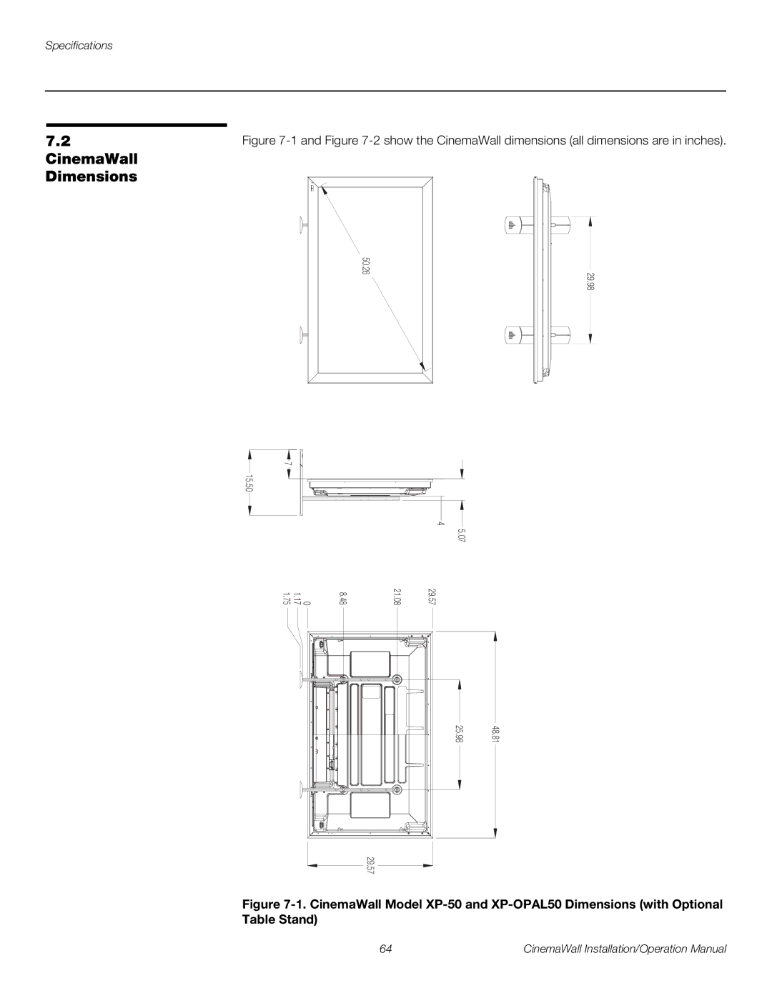 Runco XP-OPAL50, XP-OPAL65 operation manual CinemaWall Dimensions 