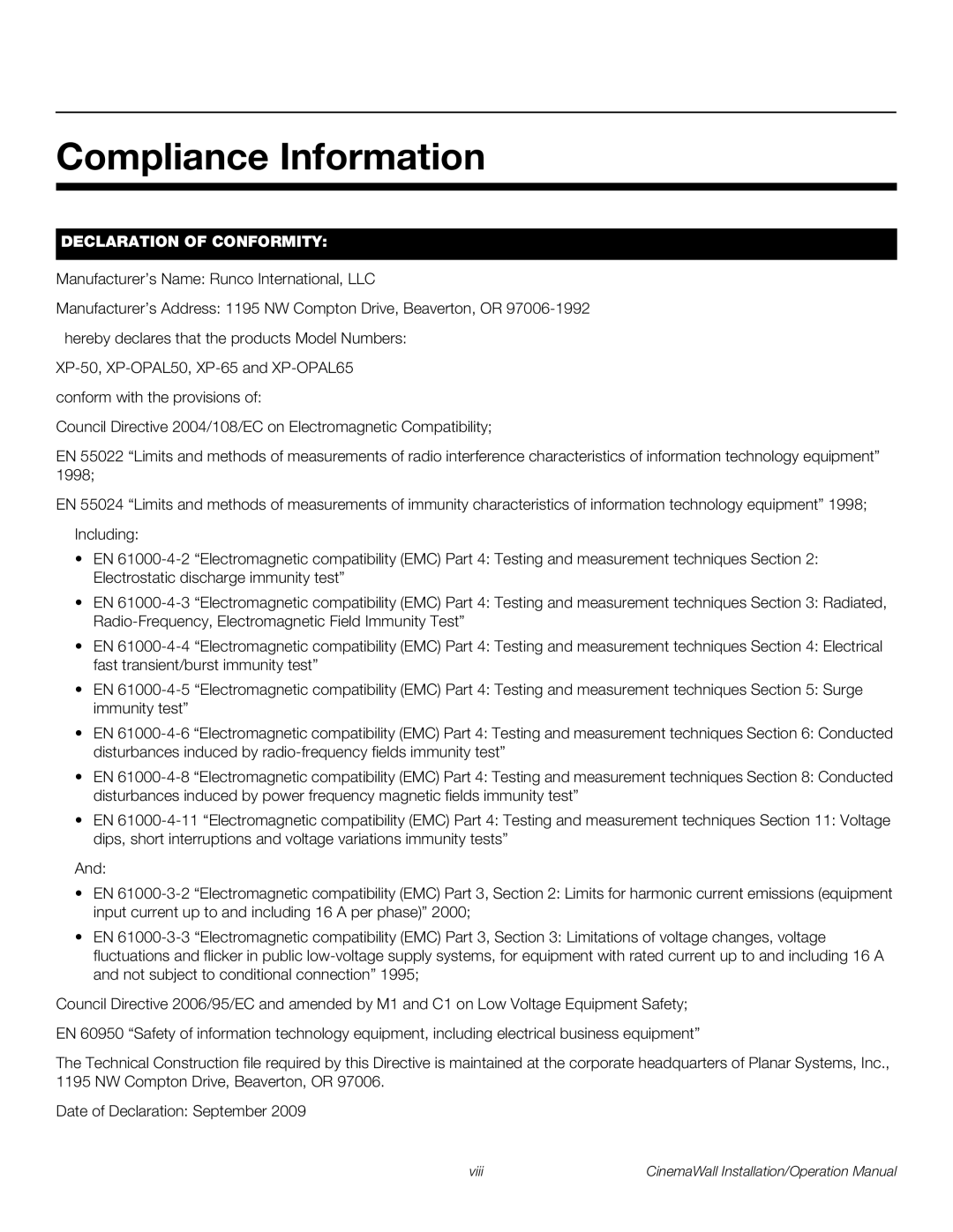 Runco XP-OPAL50, XP-OPAL65 operation manual Compliance Information, Declaration of Conformity 