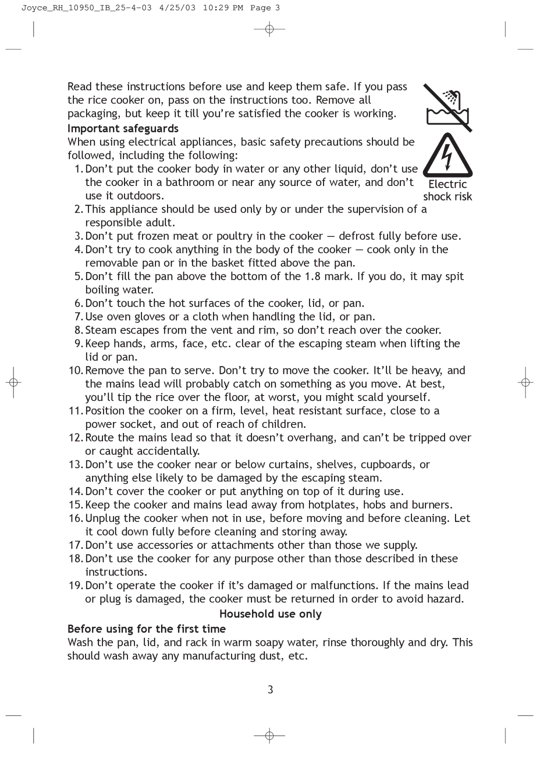 Russell Hobbs JOYCE_RH_10950_IB_25-4-03 manual Important safeguards, Household use only Before using for the first time 