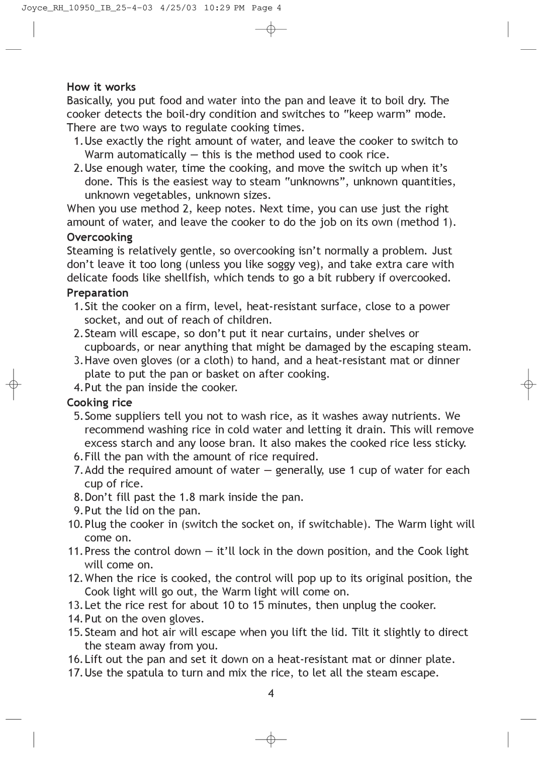 Russell Hobbs JOYCE_RH_10950_IB_25-4-03 manual How it works, Overcooking, Preparation, Cooking rice 