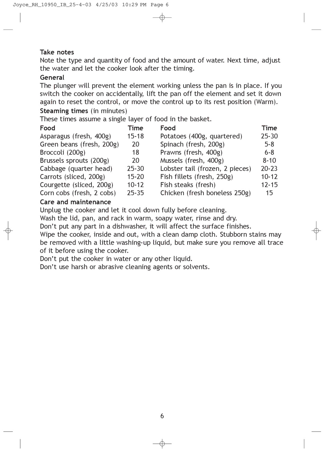 Russell Hobbs JOYCE_RH_10950_IB_25-4-03 Take notes General, Steaming times in minutes, Food Time, Care and maintenance 