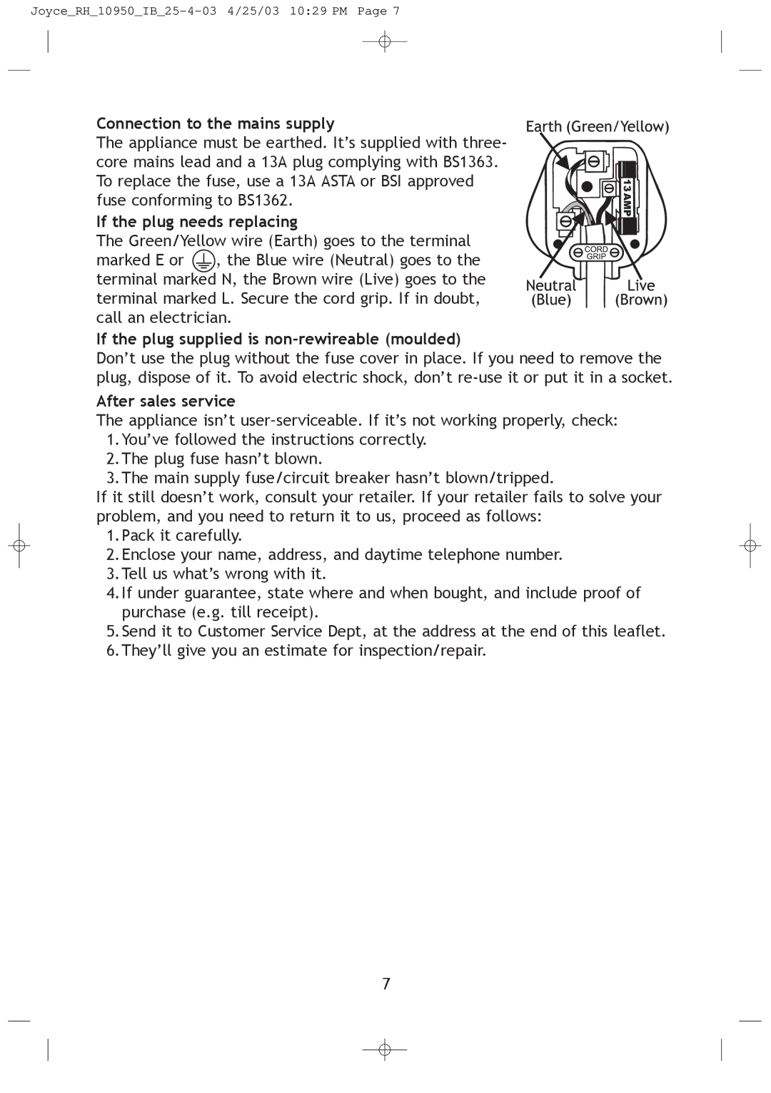 Russell Hobbs JOYCE_RH_10950_IB_25-4-03 Connection to the mains supply, If the plug needs replacing, After sales service 