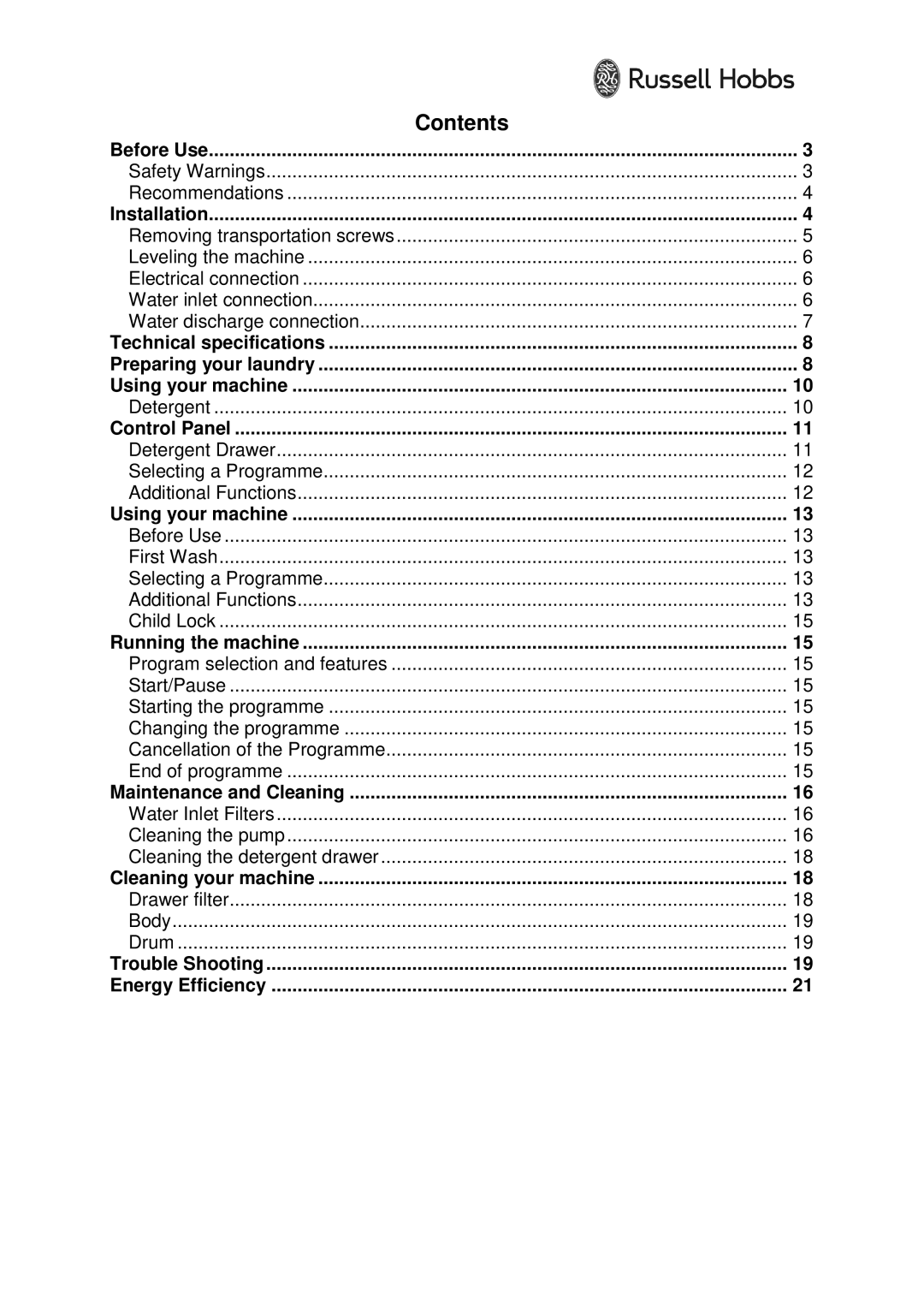 Russell Hobbs RH1042 instruction manual Contents 