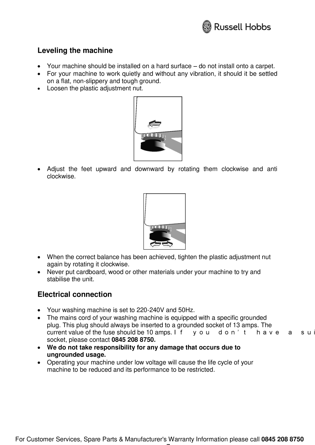 Russell Hobbs RH1042 instruction manual Leveling the machine, Electrical connection 