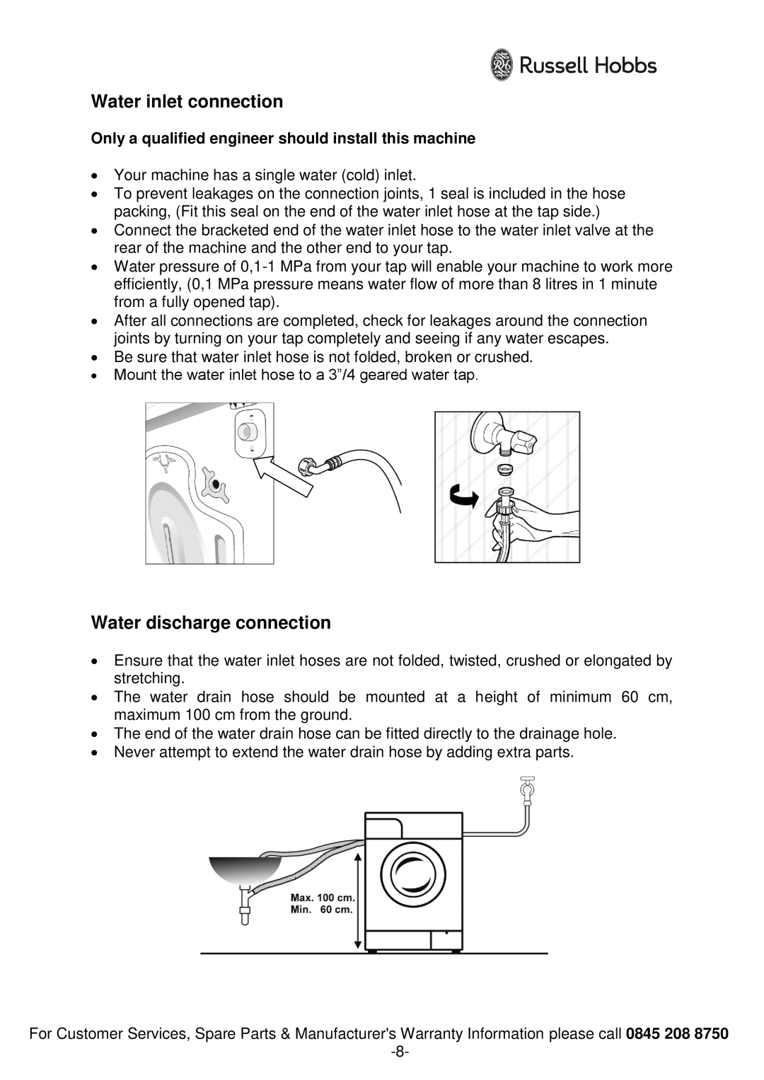 Russell Hobbs RH1042 instruction manual Water inlet connection, Water discharge connection 