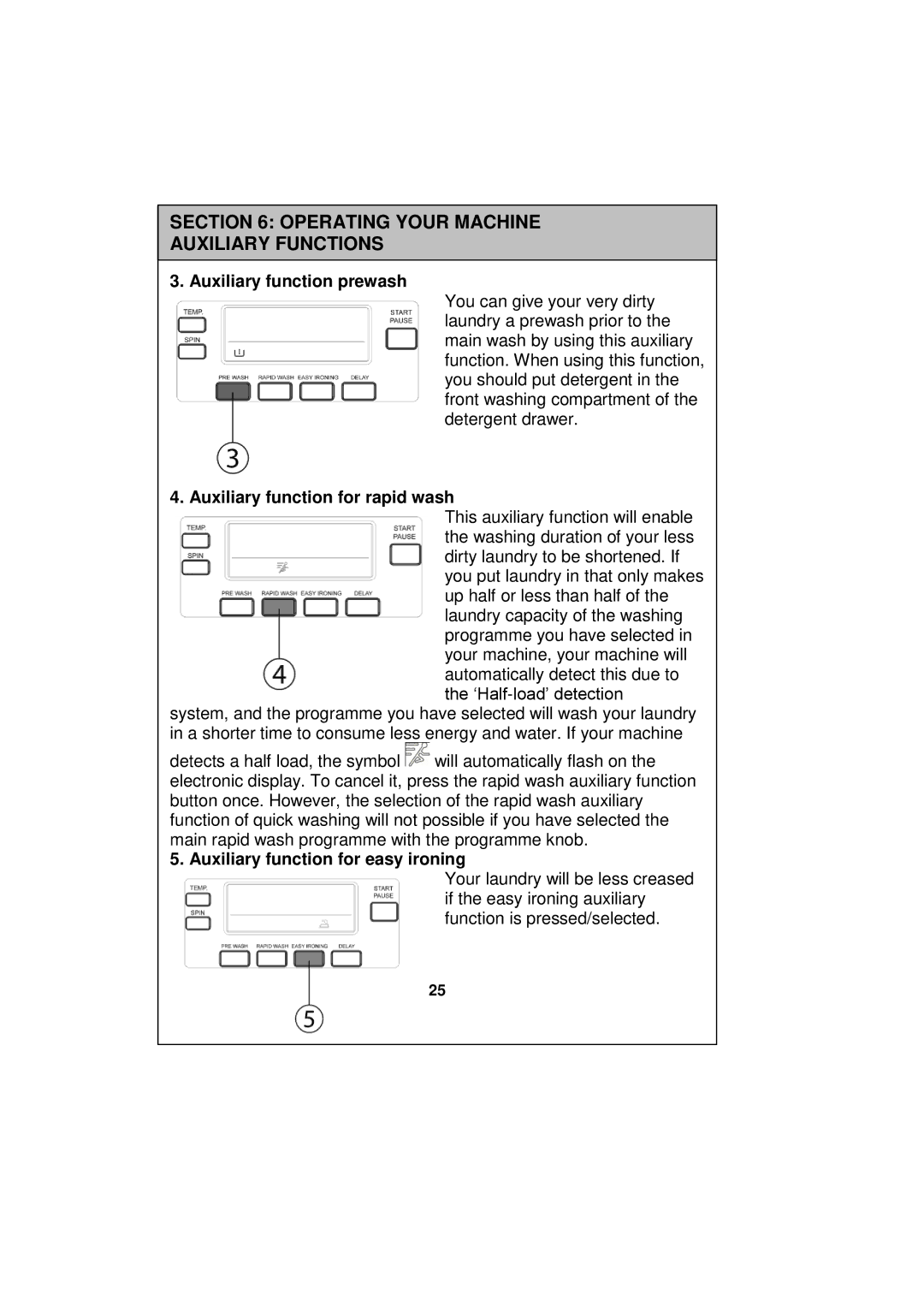 Russell Hobbs RH1247W, RH1247B, RH1247S instruction manual Auxiliary function prewash 