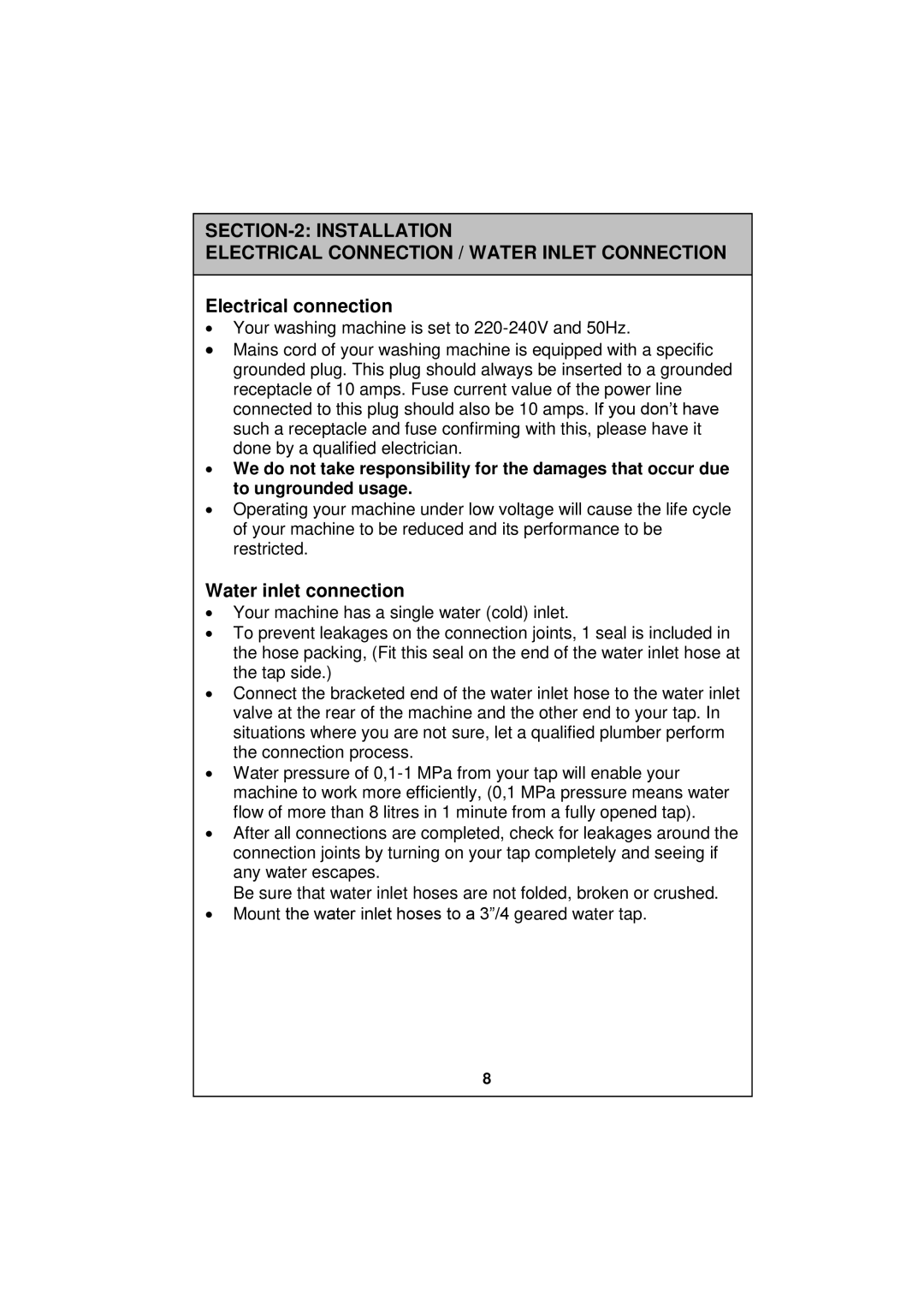 Russell Hobbs RH1247S, RH1247B, RH1247W Installation Electrical Connection / Water Inlet Connection, Electrical connection 