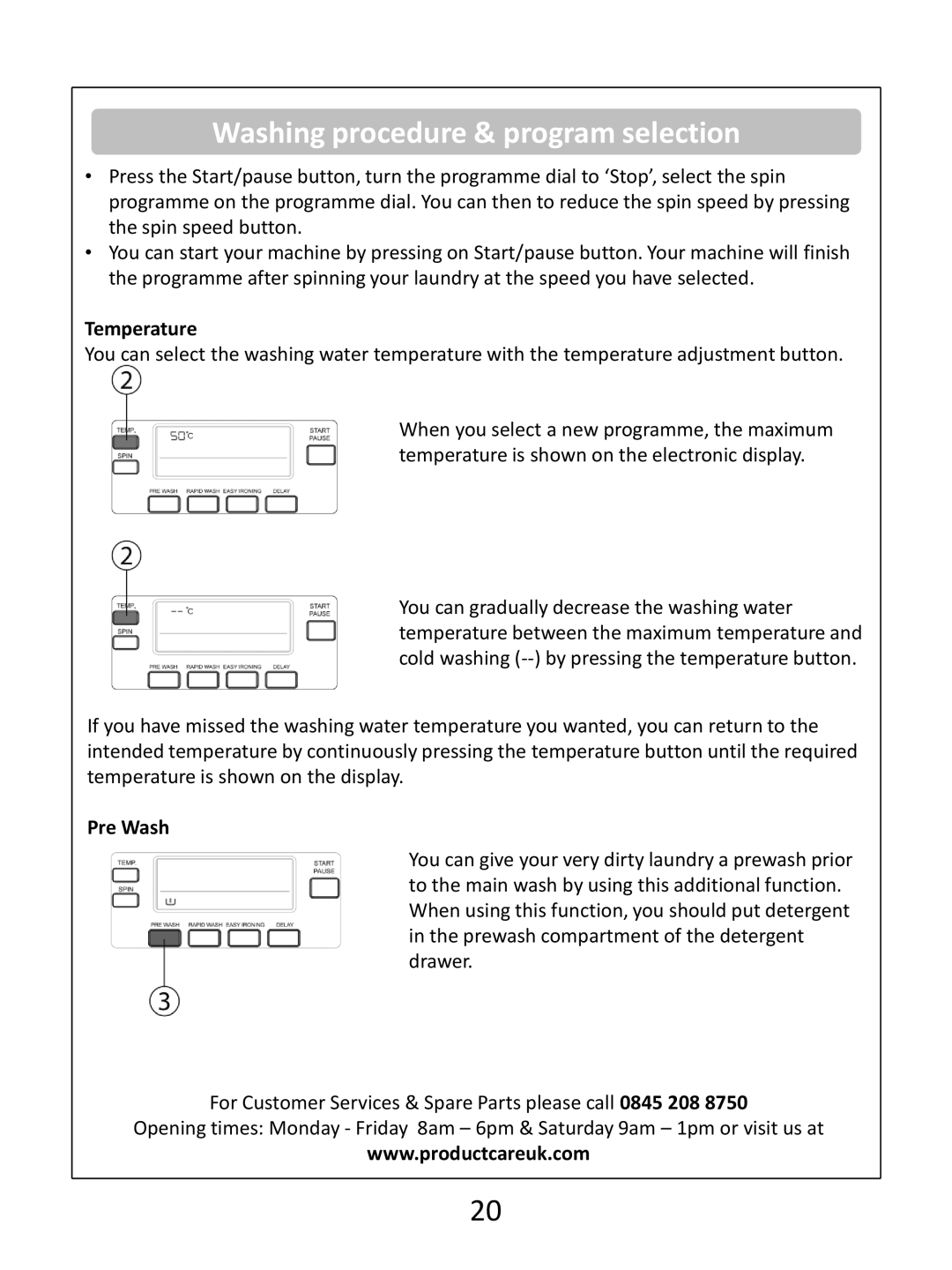 Russell Hobbs RH1250(TB)(TW)(RTG)(RTS) instruction manual Temperature, Pre Wash 