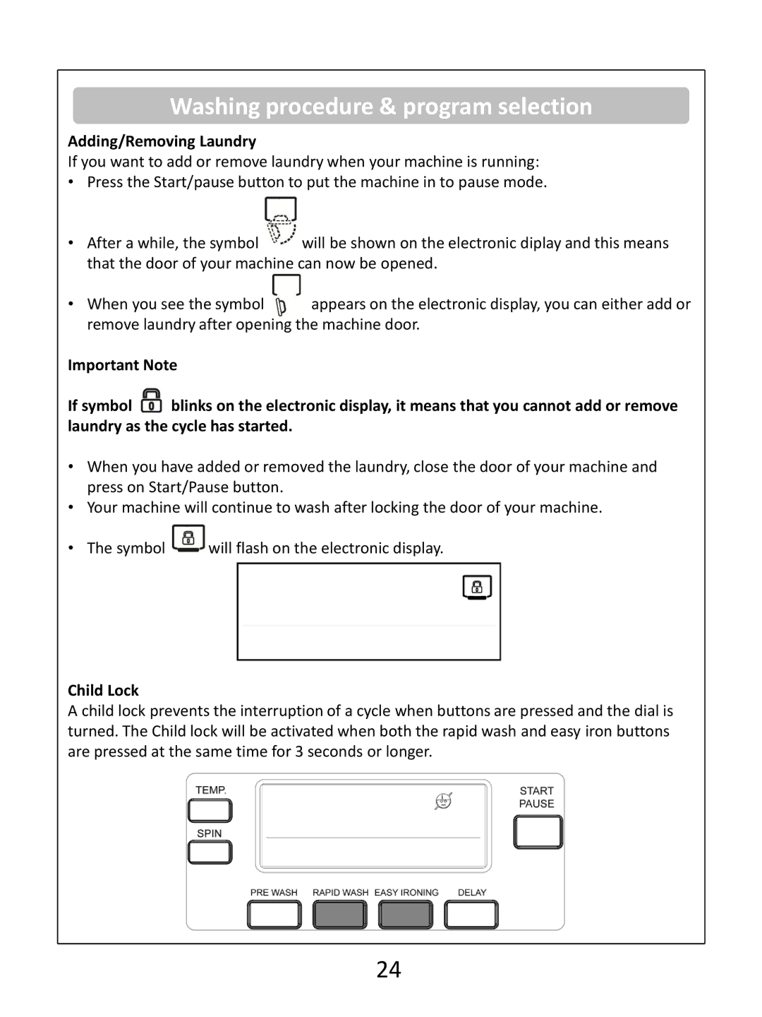 Russell Hobbs RH1250(TB)(TW)(RTG)(RTS) instruction manual Adding/Removing Laundry, Child Lock 