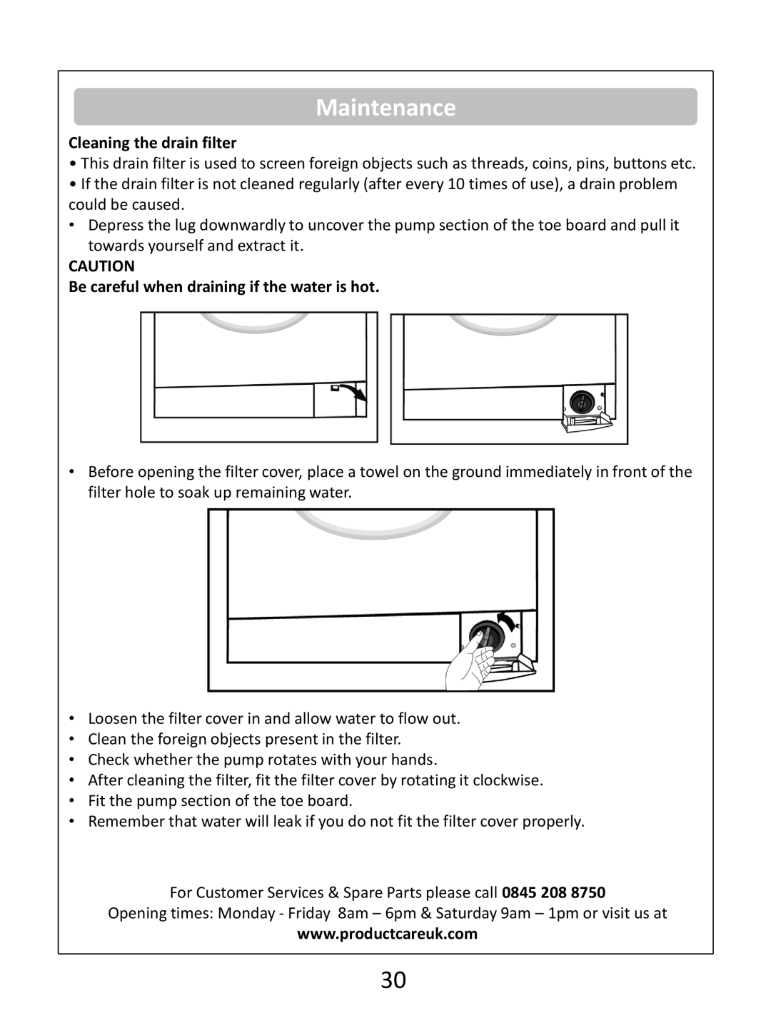 Russell Hobbs RH1250(TB)(TW)(RTG)(RTS) Cleaning the drain filter, Be careful when draining if the water is hot 