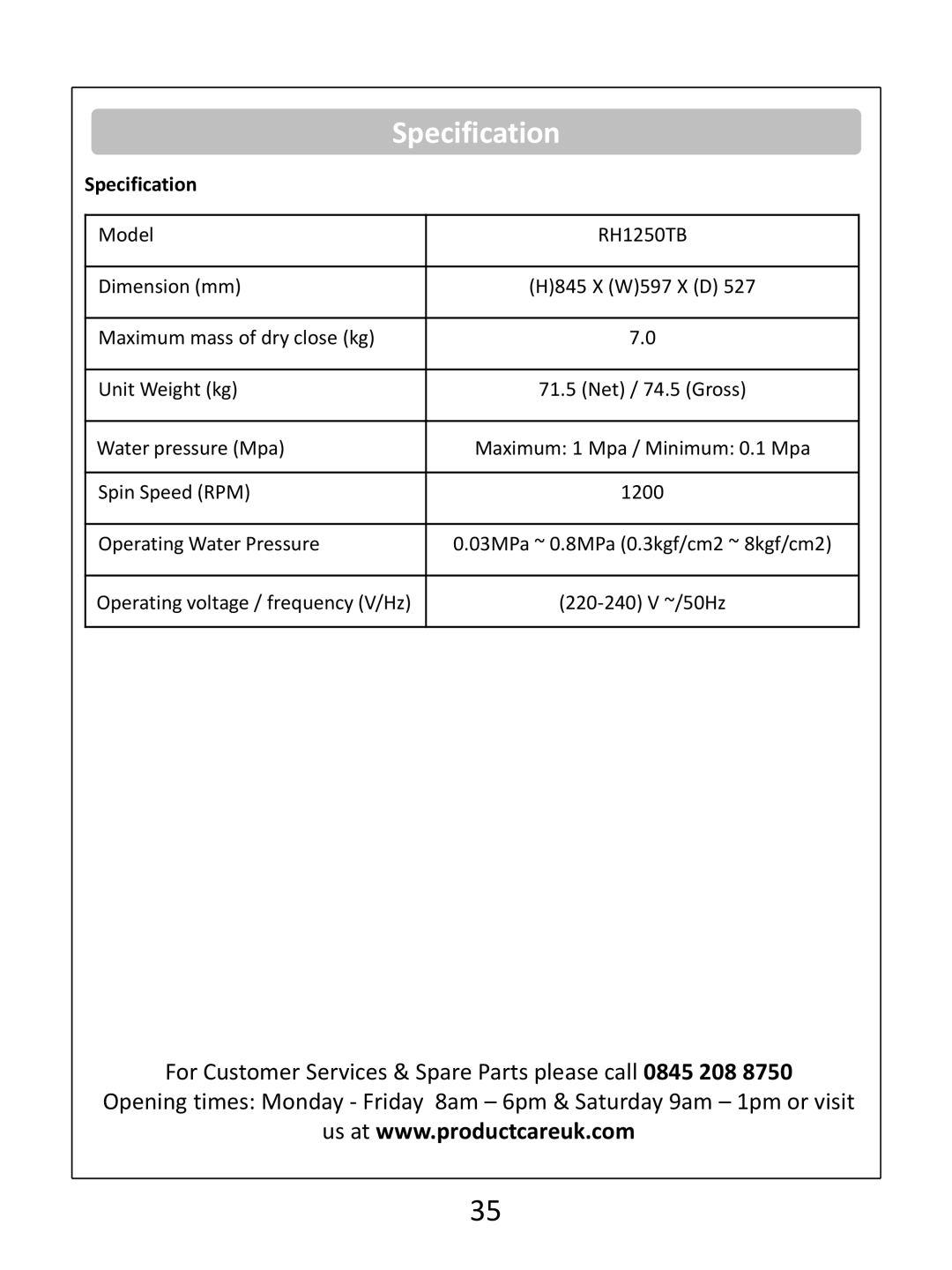 Russell Hobbs RH1250(TB)(TW)(RTG)(RTS) instruction manual Specification 