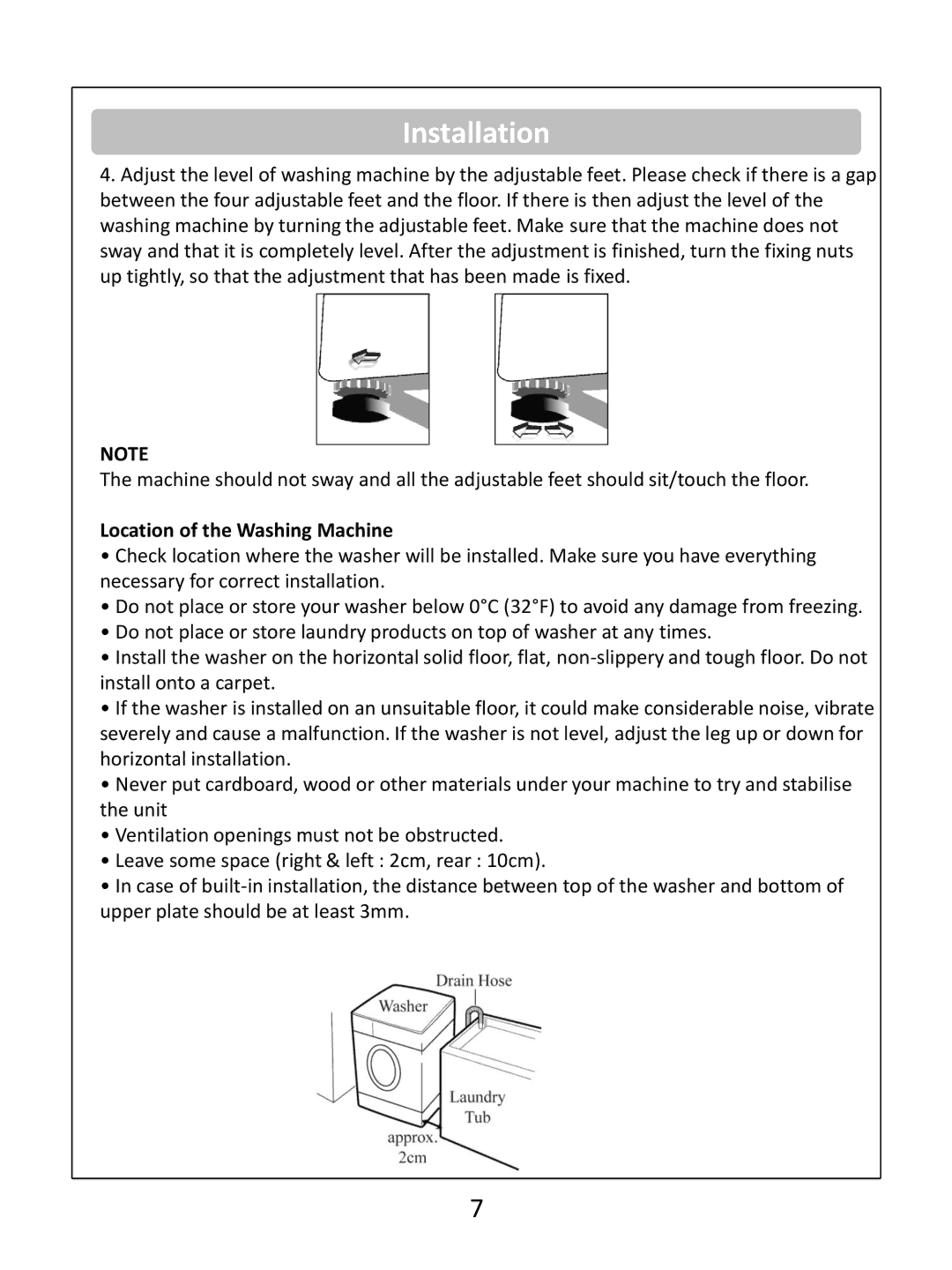 Russell Hobbs RH1250(TB)(TW)(RTG)(RTS) instruction manual Location of the Washing Machine 