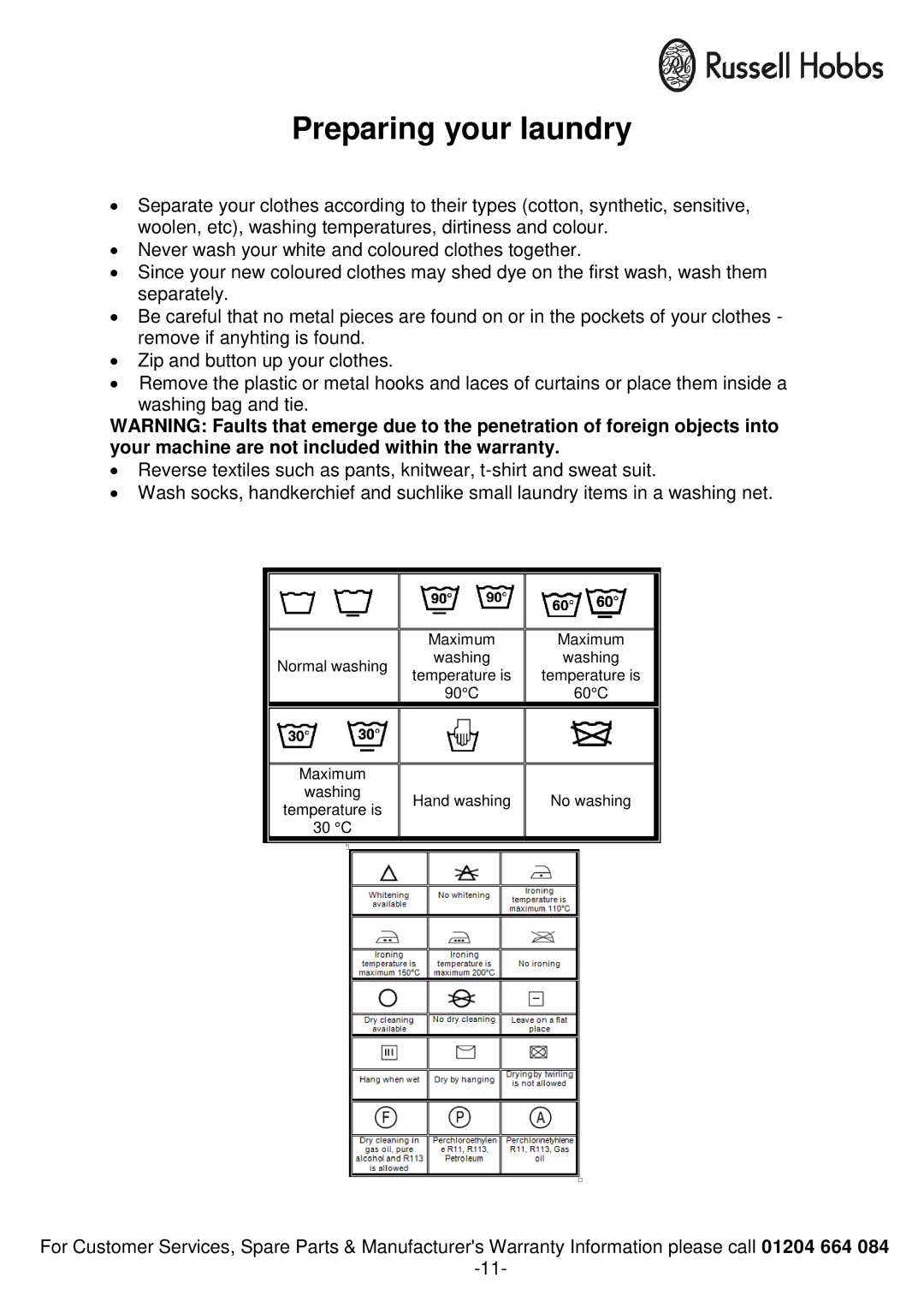 Russell Hobbs RH1250RTG, RH1250TW instruction manual Preparing your laundry 