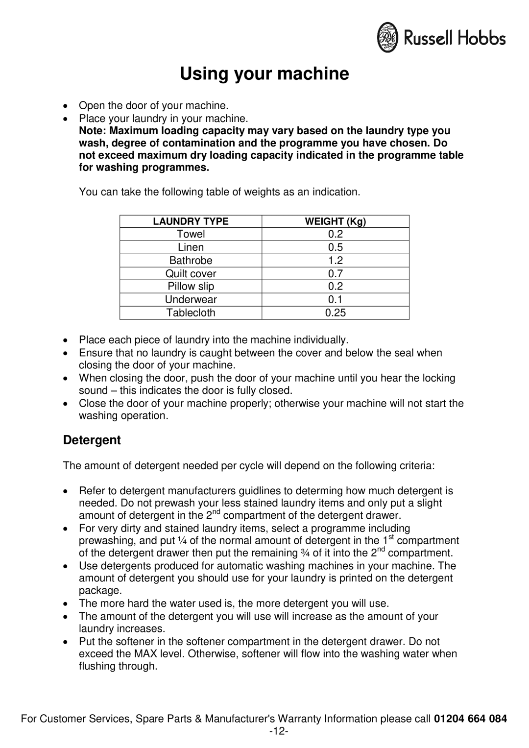 Russell Hobbs RH1250TW, RH1250RTG instruction manual Using your machine, Detergent 