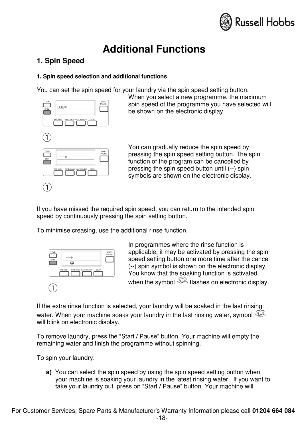 Russell Hobbs RH1250TW, RH1250RTG instruction manual Additional Functions, Spin Speed 