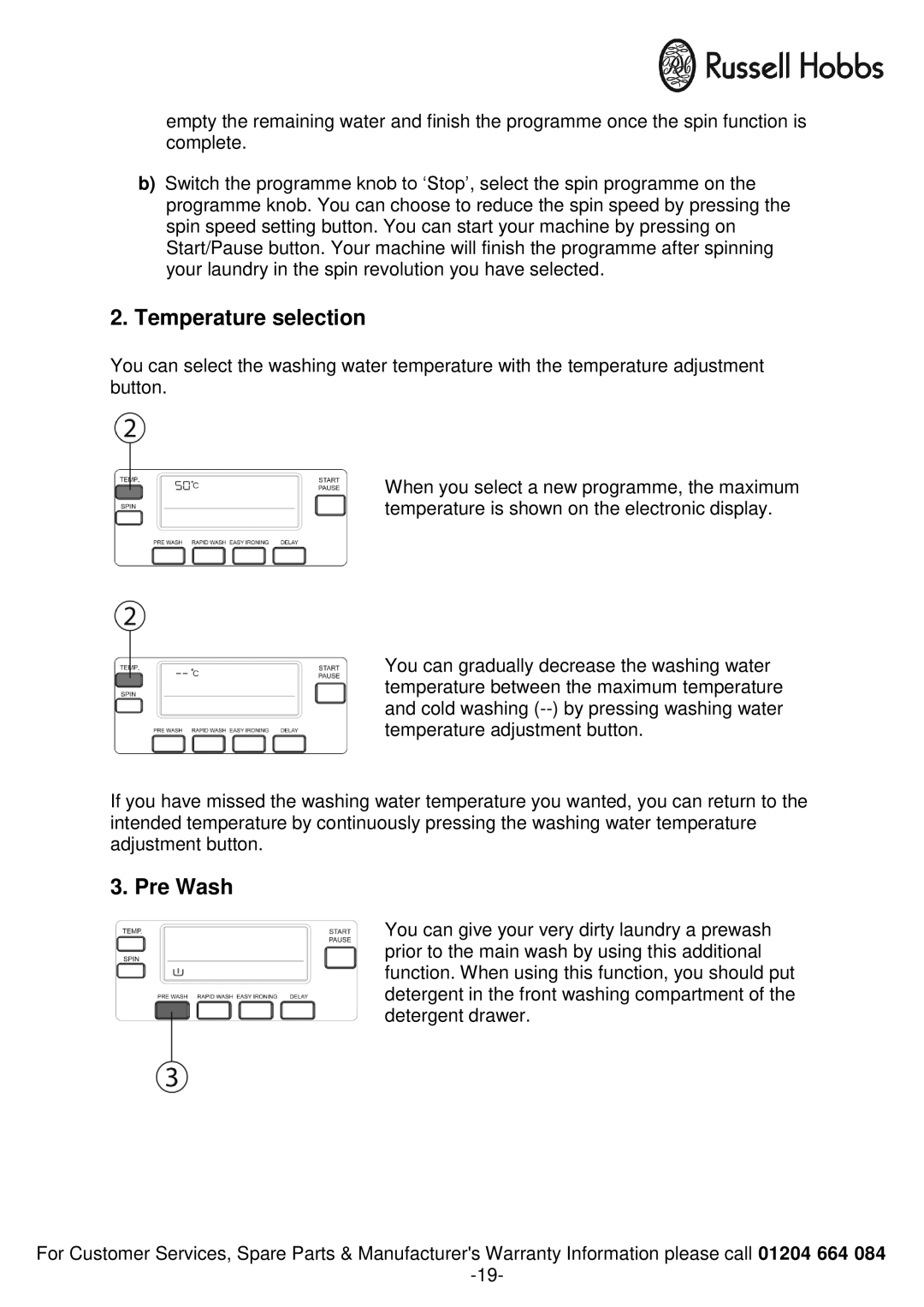 Russell Hobbs RH1250RTG, RH1250TW instruction manual Temperature selection, Pre Wash 