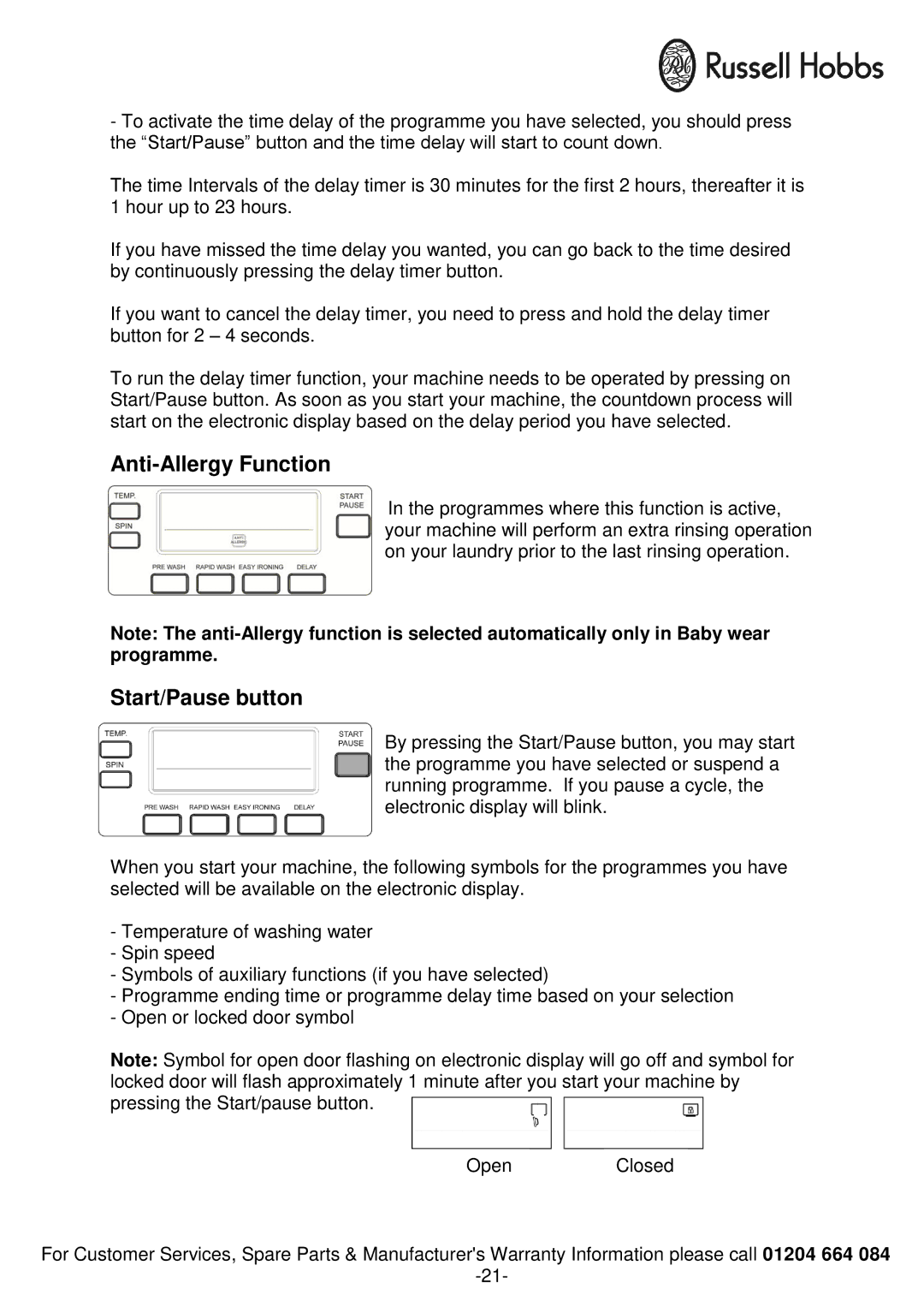 Russell Hobbs RH1250RTG, RH1250TW instruction manual Anti-Allergy Function, Start/Pause button 