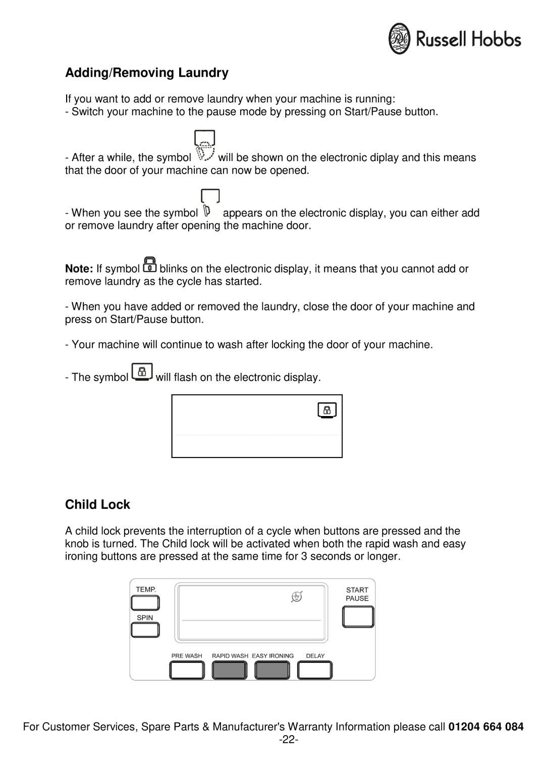 Russell Hobbs RH1250TW, RH1250RTG instruction manual Adding/Removing Laundry, Child Lock 