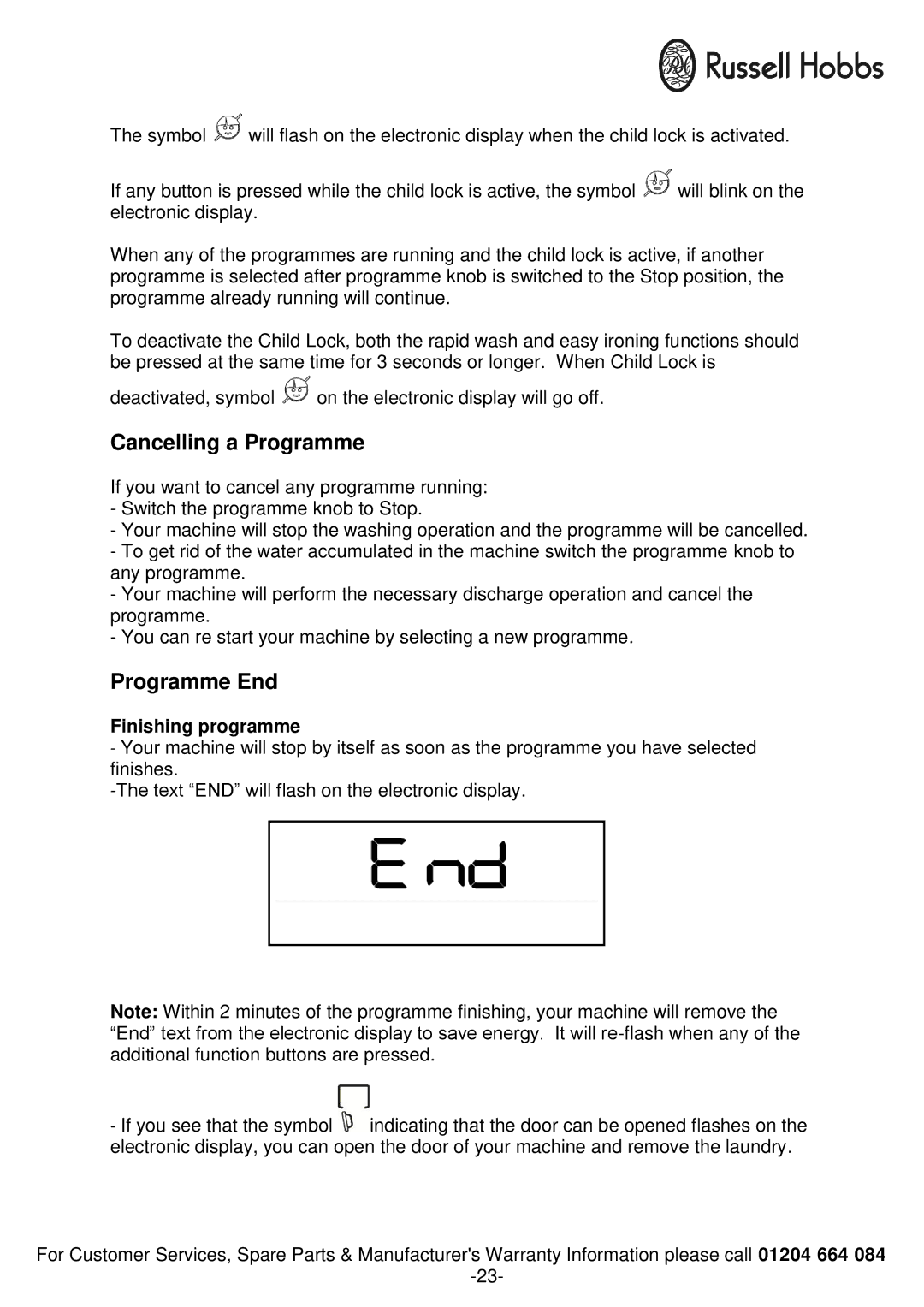 Russell Hobbs RH1250RTG, RH1250TW instruction manual Cancelling a Programme, Programme End, Finishing programme 