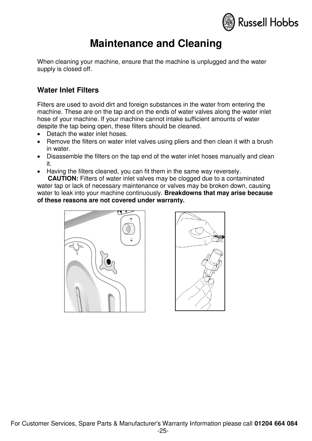 Russell Hobbs RH1250RTG, RH1250TW instruction manual Maintenance and Cleaning, Water Inlet Filters 