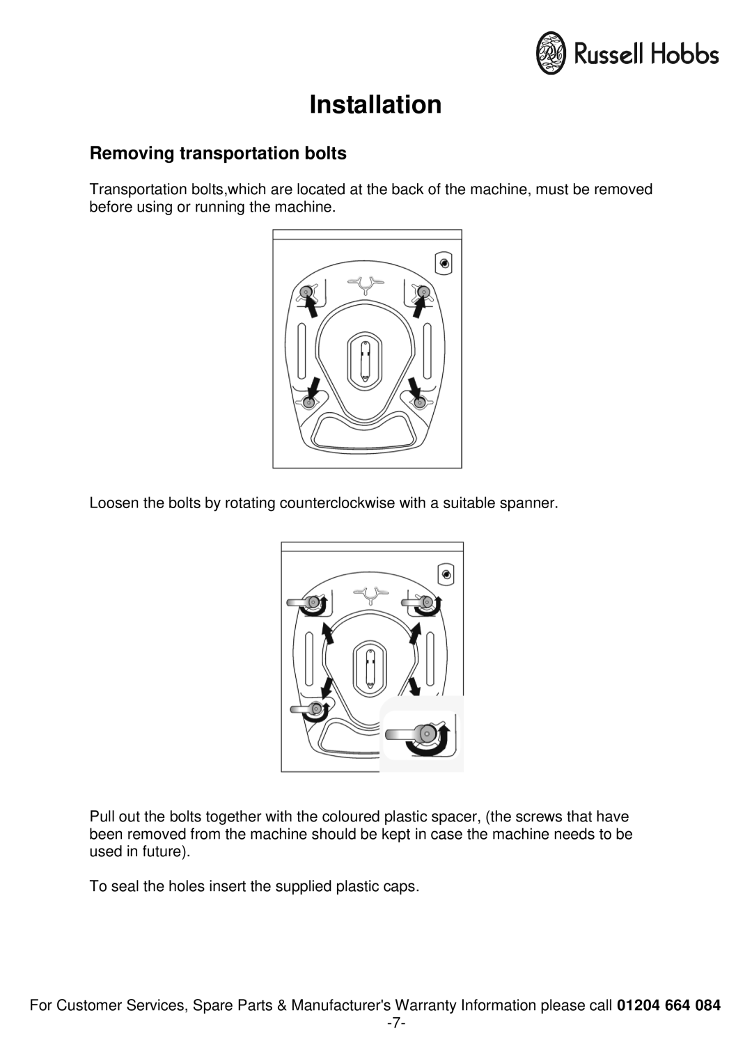 Russell Hobbs RH1250RTG, RH1250TW instruction manual Installation, Removing transportation bolts 