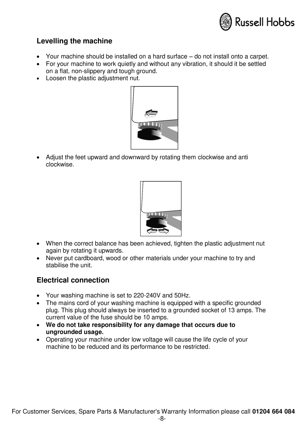 Russell Hobbs RH1250TW, RH1250RTG instruction manual Levelling the machine, Electrical connection 