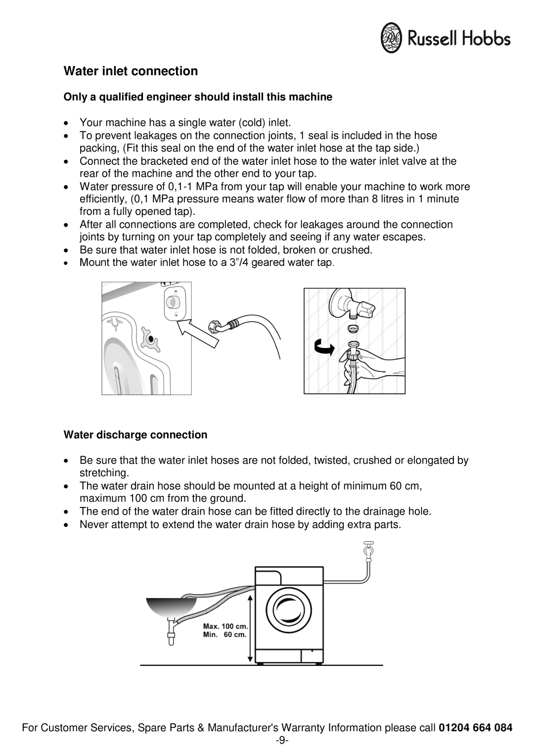 Russell Hobbs RH1250RTG, RH1250TW Water inlet connection, Only a qualified engineer should install this machine 